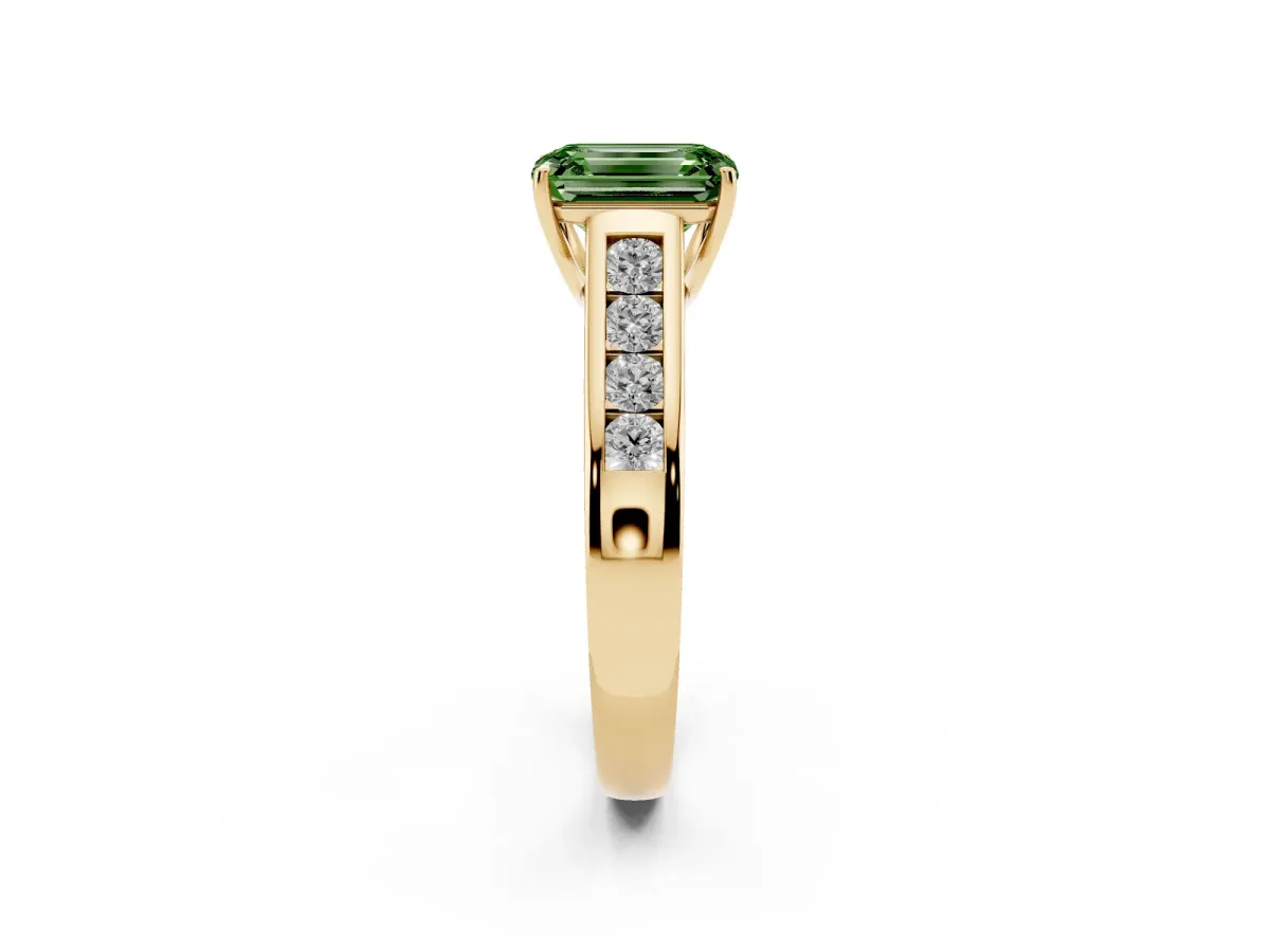 Fancy Green Emerald Cut Brilliant Channel-Set Solitaire Ring with Four-Prong Setting Yellow gold