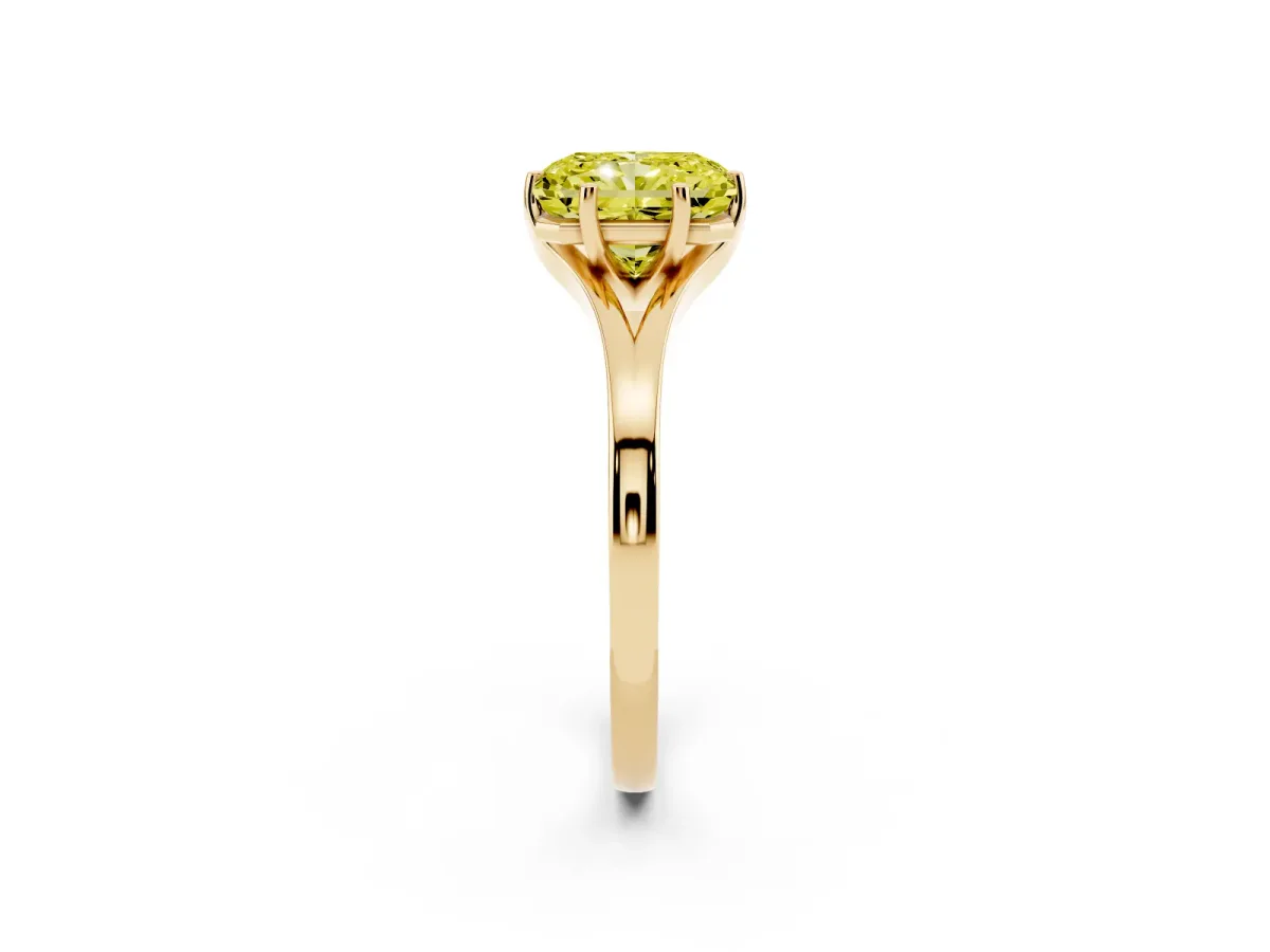 Fancy Yellow Radiant Cut Solitaire Diamond Ring with Six-Prong Setting and Tapered Band Yellow gold
