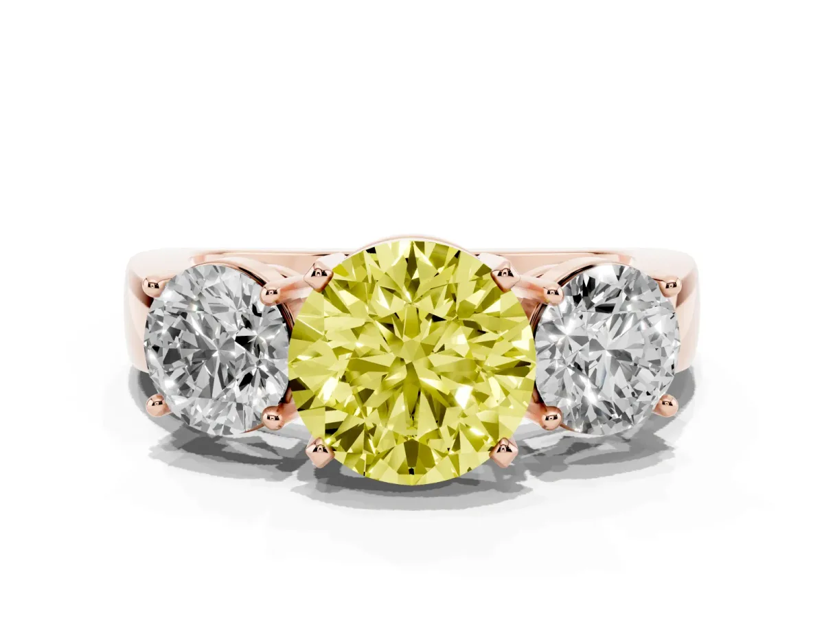 Fancy Yellow Three-Stone Round Cut Diamond Ring with Round Side Stones, Classic Band, and Four-Prong Setting Rose gold