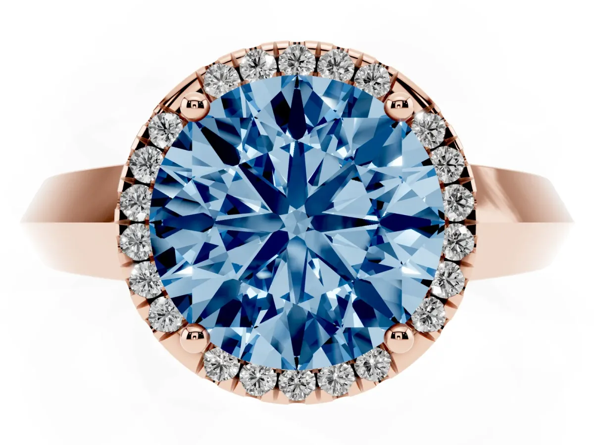 Fancy Blue Round Cut Halo Diamond Ring with Cathedral Band and Four-Prong Setting Rose gold
