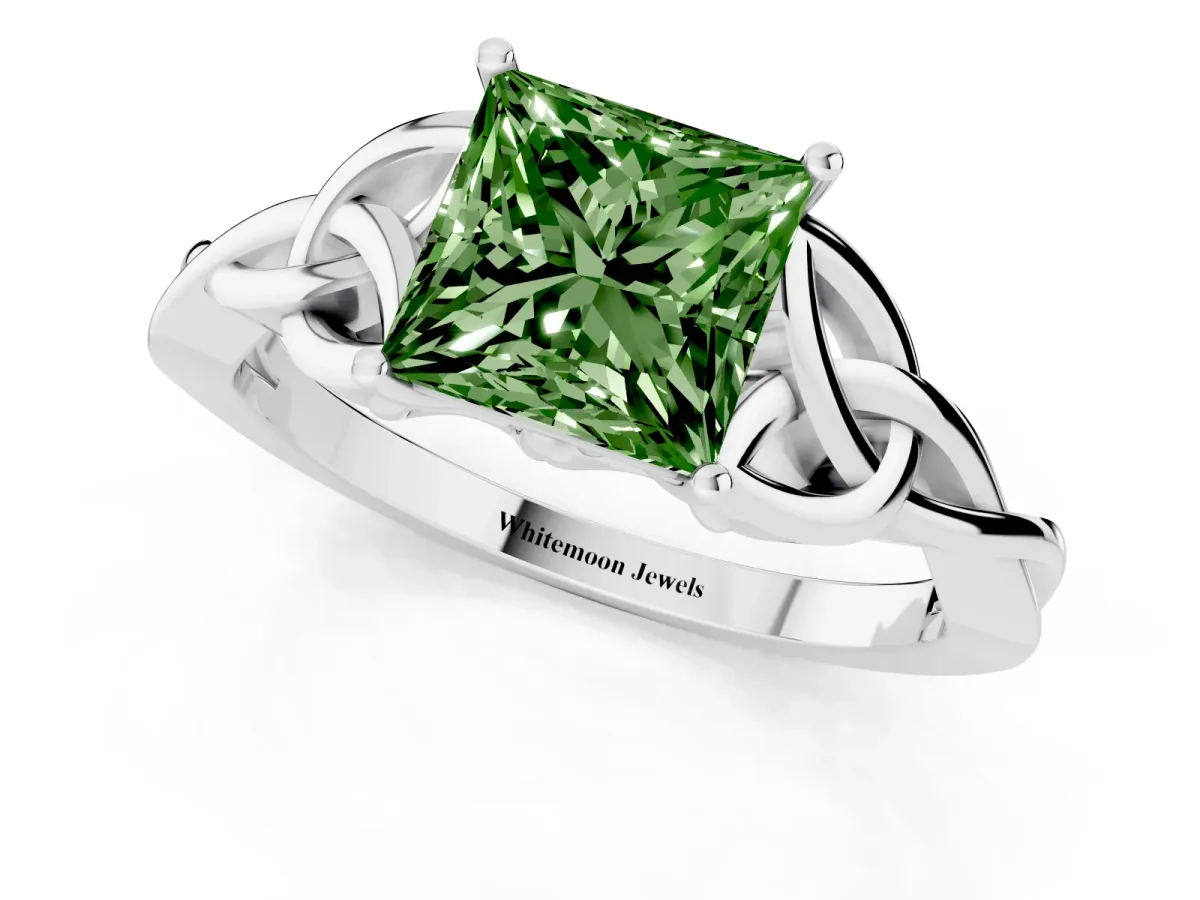 Fancy Green Princess Cut Diamond Solitaire Engagement Ring with Celtic Knot Band and Four-Prong Setting White gold