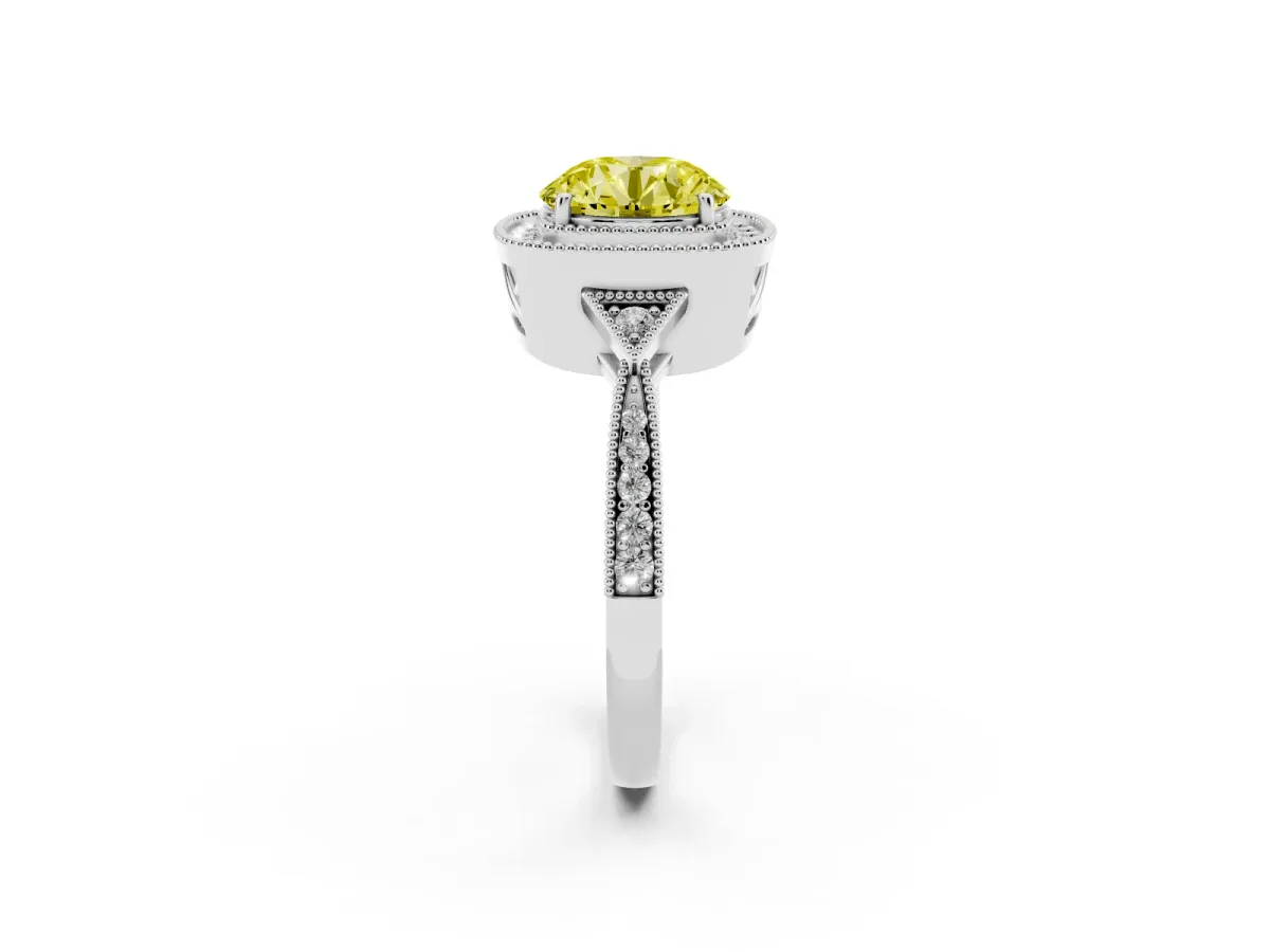 Fancy Yellow Round Cut Halo Round Diamond Milgrain Pave Engagement Ring Silver