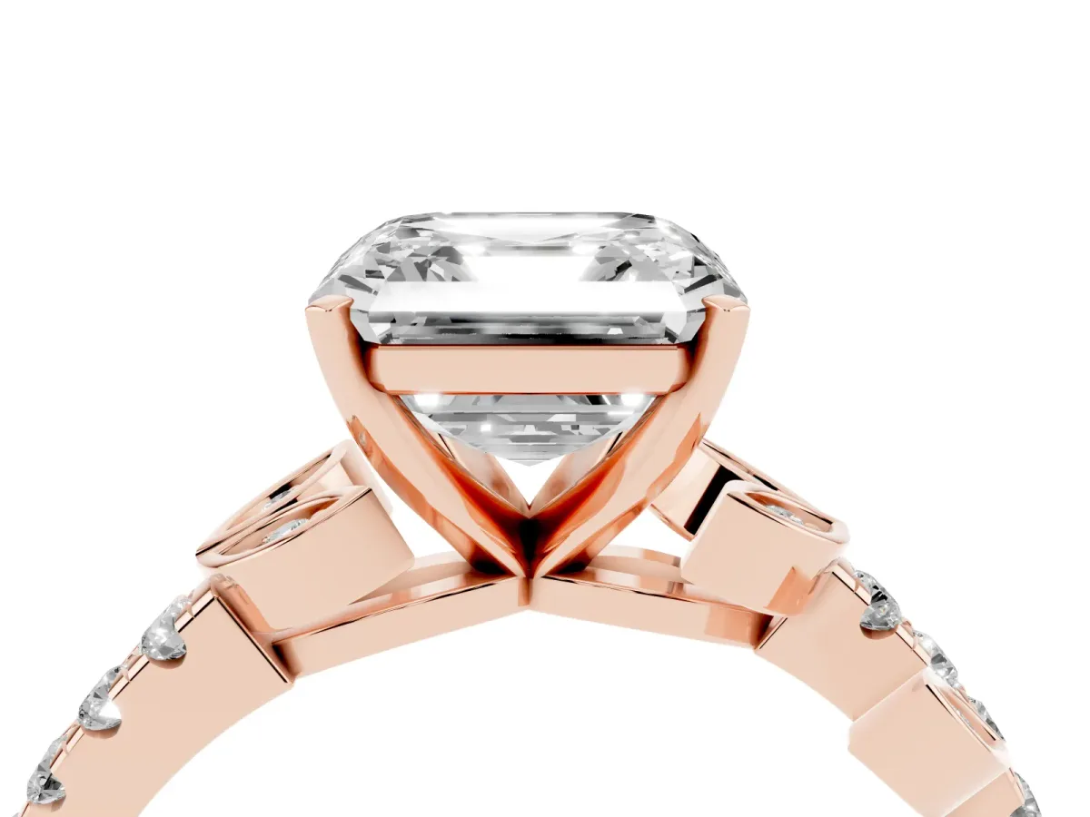Asscher Cut Solitaire Leaf-Inspired Diamond Ring with Pavé Band and Four-Prong Setting Rose gold