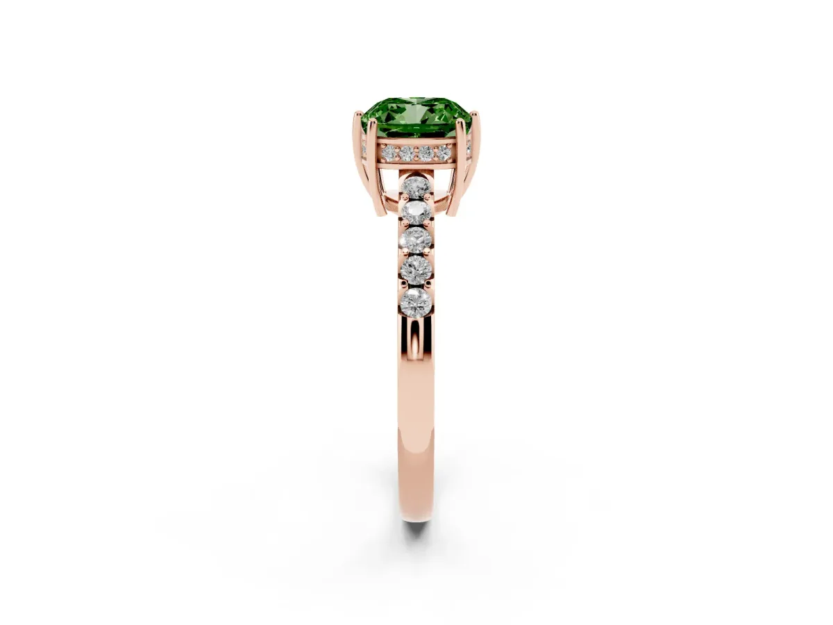 Fancy Green Cushion Cut Solitaire Diamond Engagement Ring with Pavé Band and Six-Prong Setting Rose gold