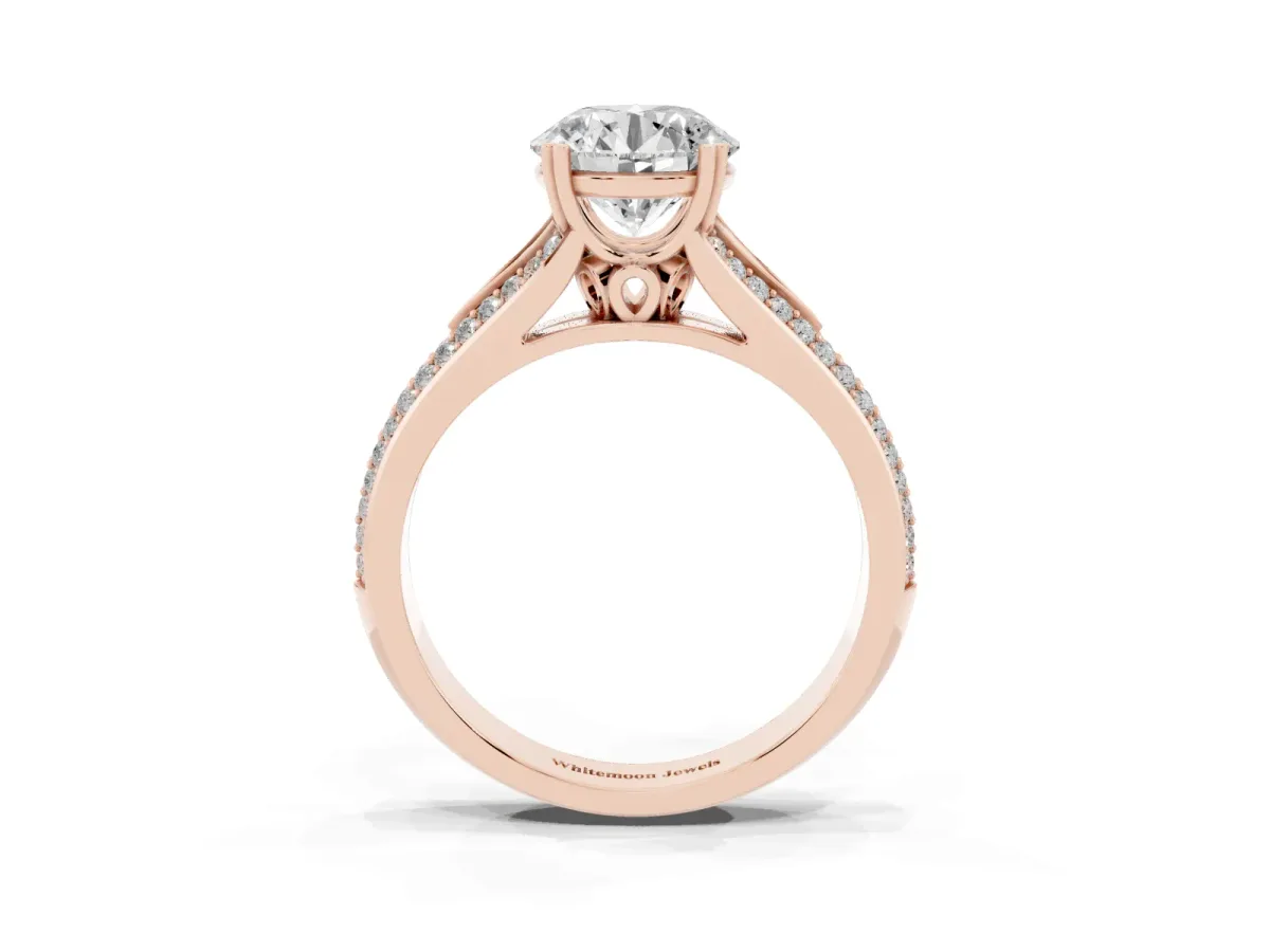 Round Cut Diamond Split Shank Engagement Ring with Pavé Band Rose gold