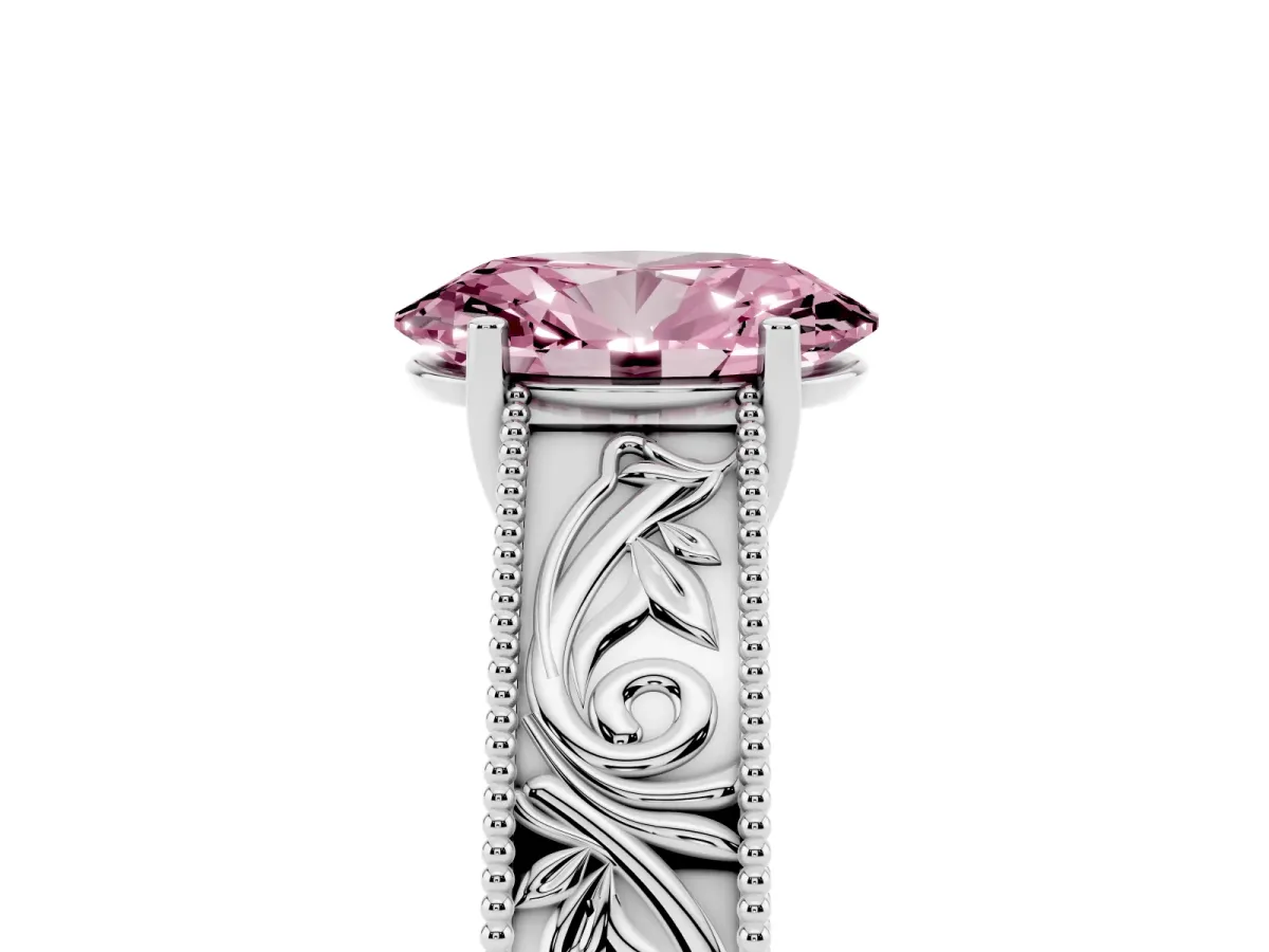 Fancy Pink Oval Cut Diamond Solitaire Ring with Engraved Band and Four-Prong Setting Silver