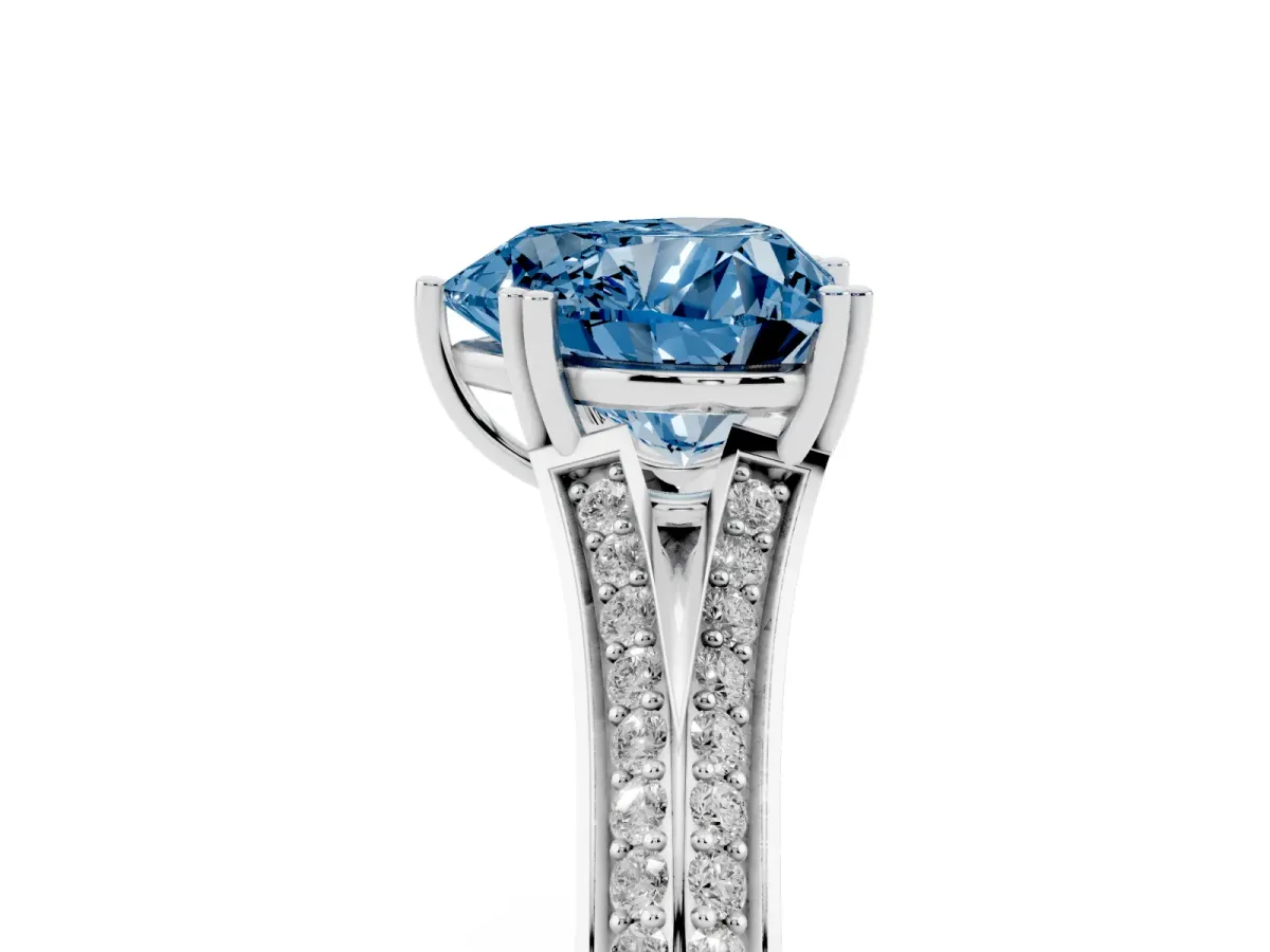 Fancy Blue Heart Cut Diamond Split Shank Engagement Ring with Pavé Band Silver