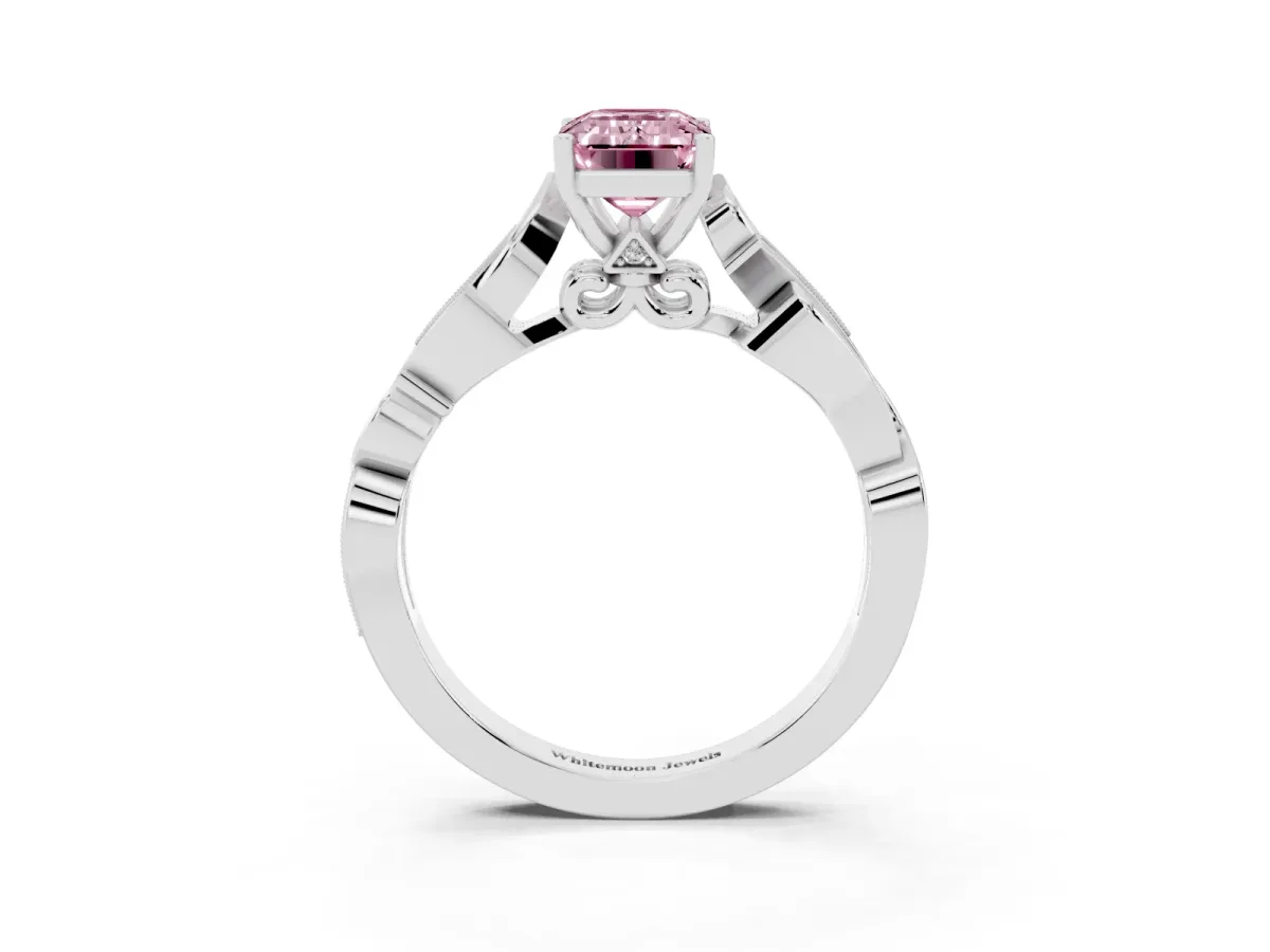 Fancy Pink Emerald Cut Solitaire Vine Band with Milgrain Prong Setting Silver
