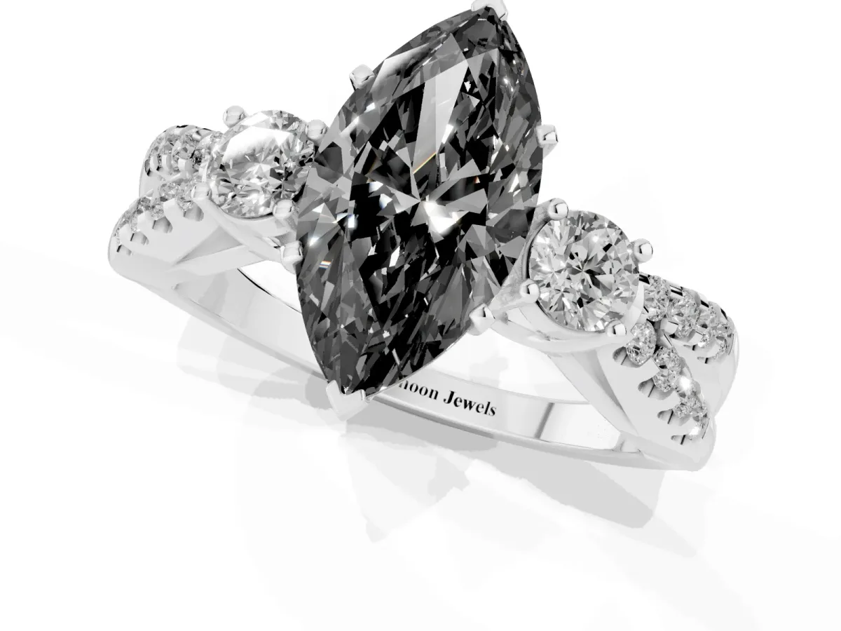 Fancy Black Marquise Cut Diamond Three-Stone Ring with Pavé Split Shank and Four-Prong Setting Platinum
