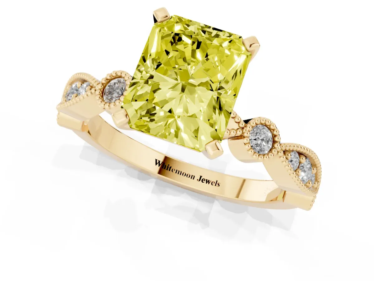 Fancy Yellow Radiant Cut Milgrain Bezel Diamond Engagement Ring with Solitaire Prong Setting Yellow gold