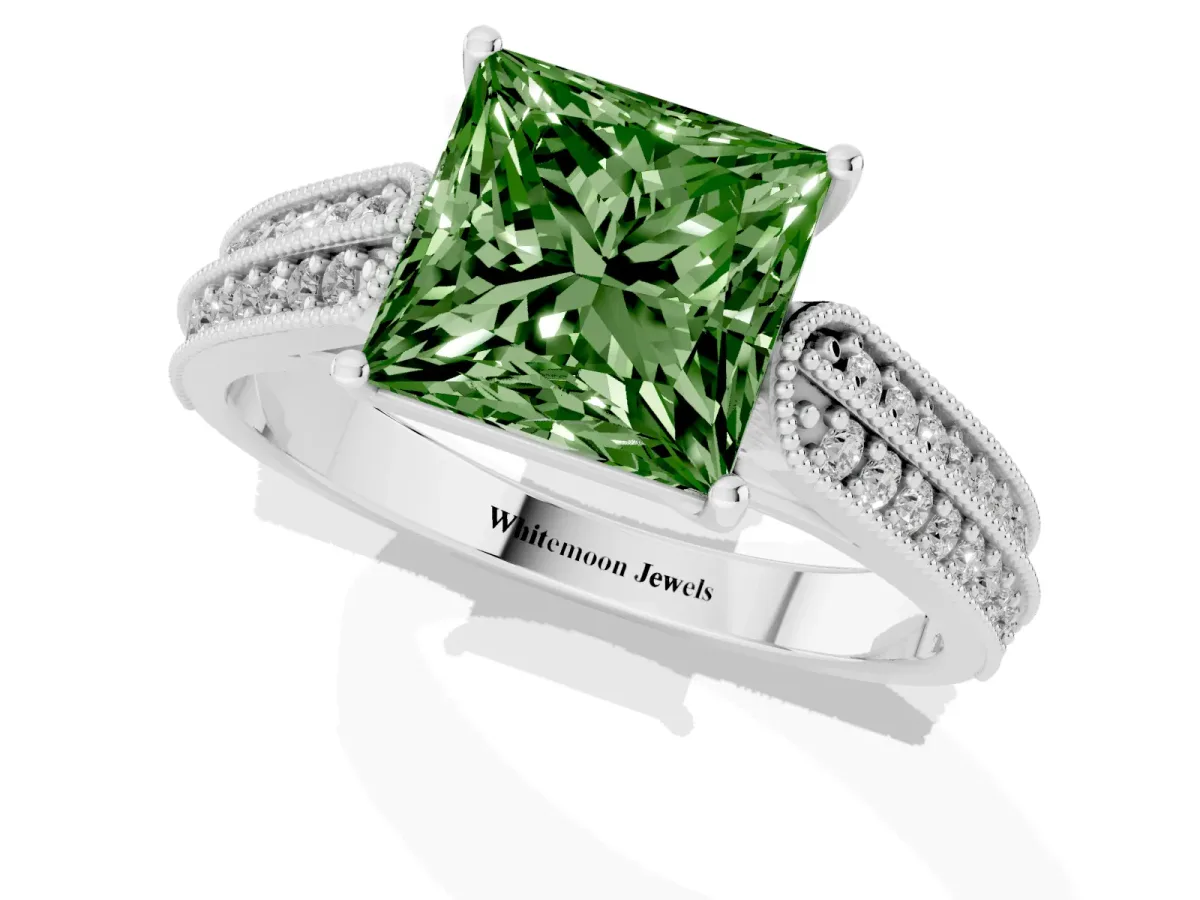 Fancy Green Princess Cut Cut Pave Split Shank Engagement Ring with Four-Prong Setting Silver