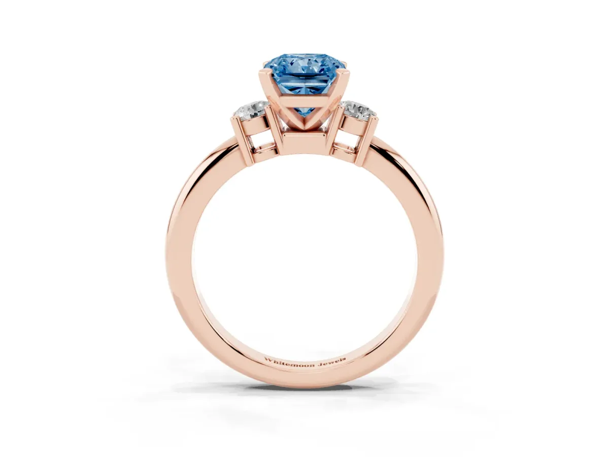 Fancy Blue Three-Stone Radiant Cut Cut Diamond Solitaire with Prong Setting and Classic Band Rose gold