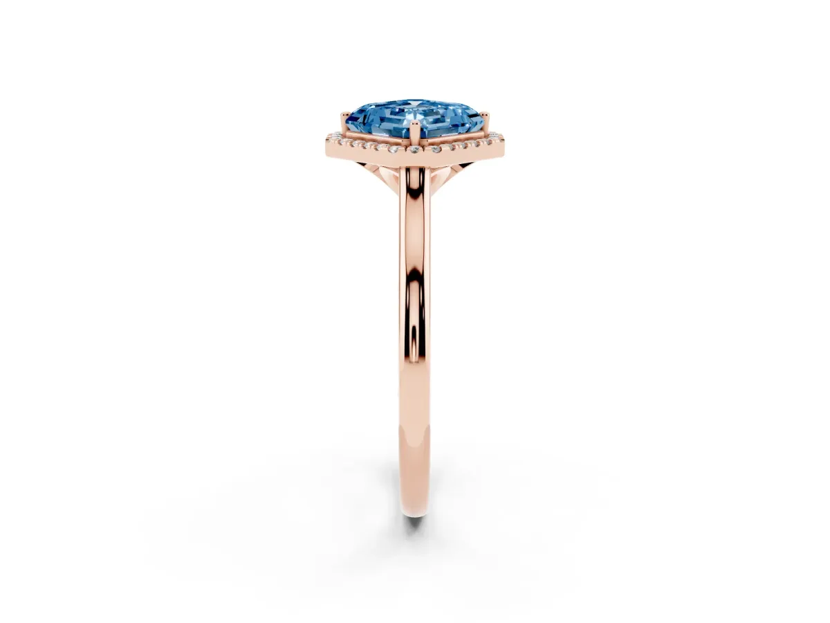 Fancy Blue Asscher Cut Halo Round Diamond Solitaire Engagement Ring with Pave Band and Four-Prong Setting Rose gold