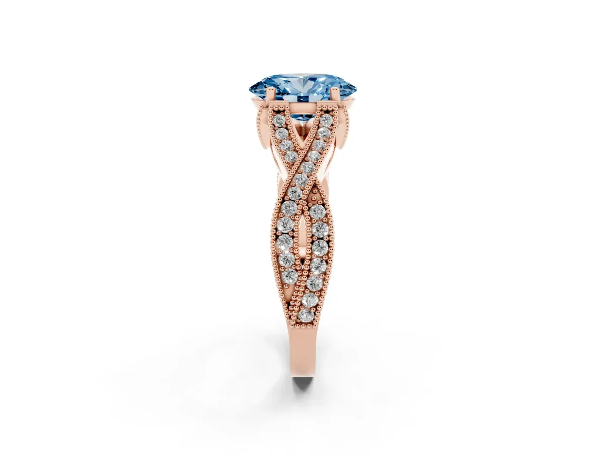 Fancy Blue Oval Cut Cut Diamond Twisted Band with Milgrain Pave Setting and Four-Prong Setting Rose gold