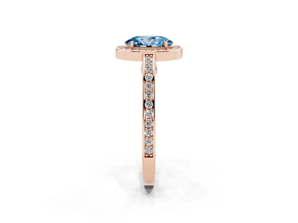 Fancy Blue Oval Cut Cut Halo Pave Split Shank Prong Setting Ring Rose gold