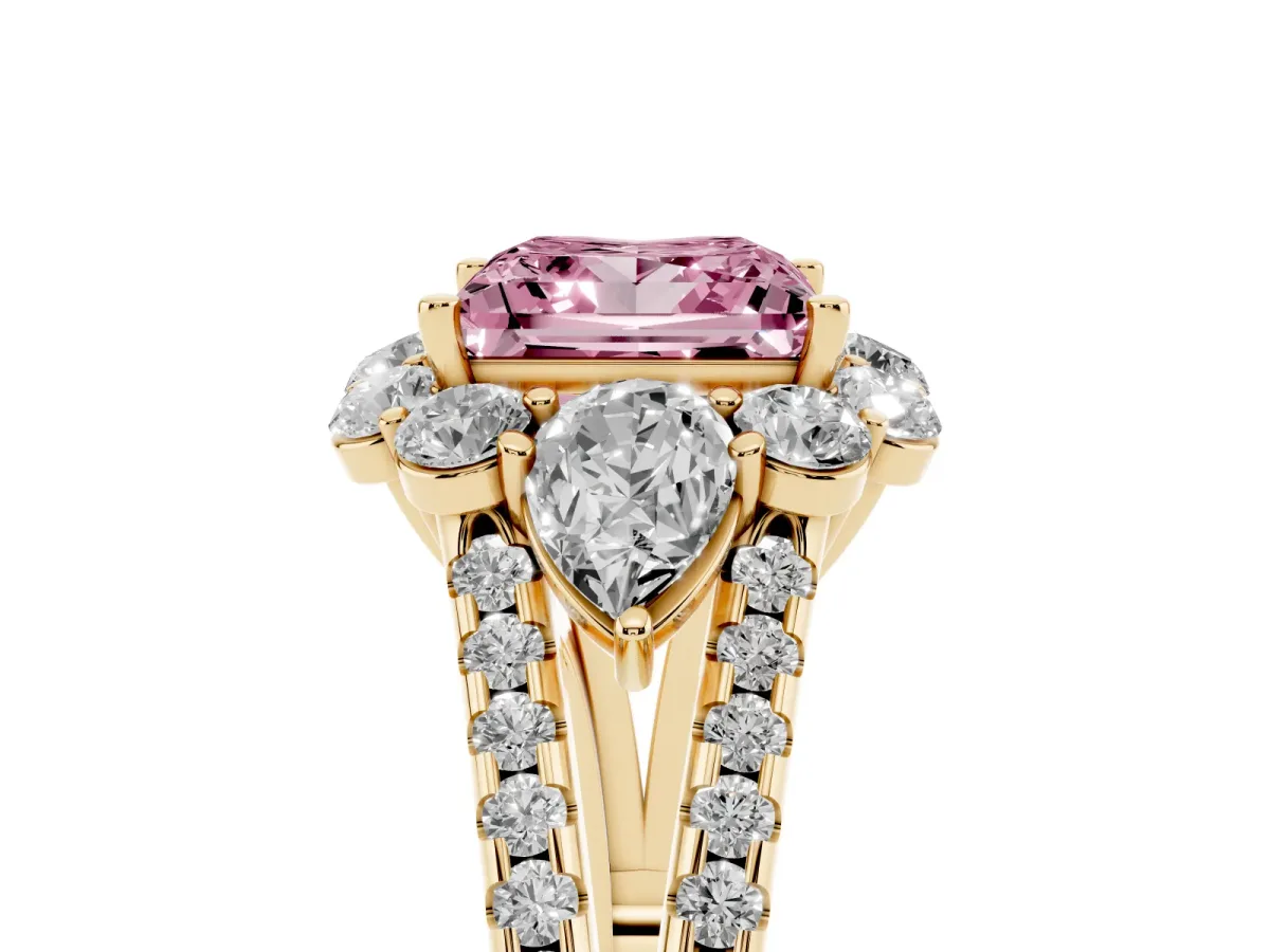 Fancy Pink Princess Cut Halo Split Shank Diamond Engagement Ring with Prong Setting Yellow gold