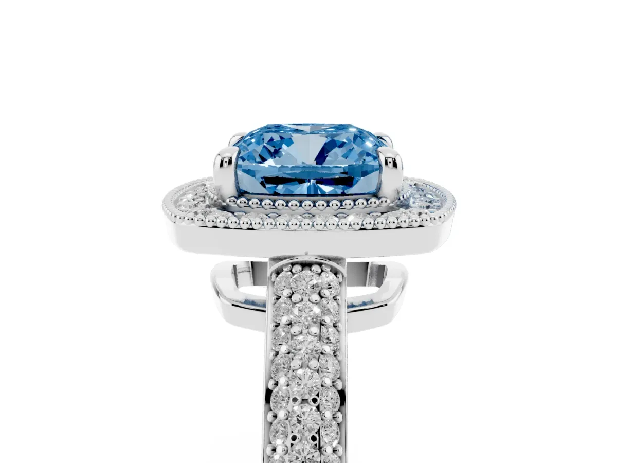 Fancy Blue Cushion Cut Cut Halo Diamond Pave Band with Four-Prong Setting Silver