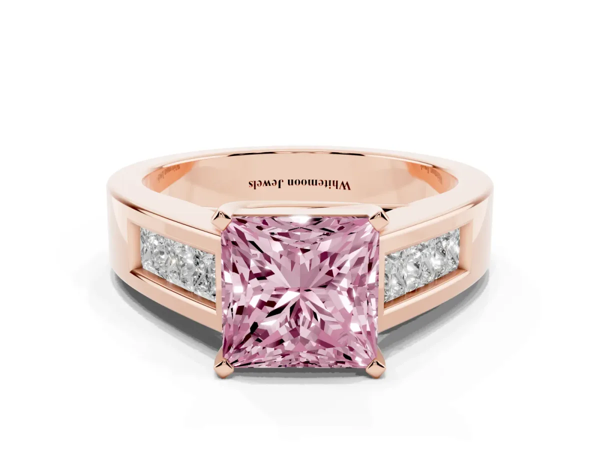 Fancy Pink Princess Cut Cut Channel Set Solitaire Ring with Four-Prong Setting Rose gold