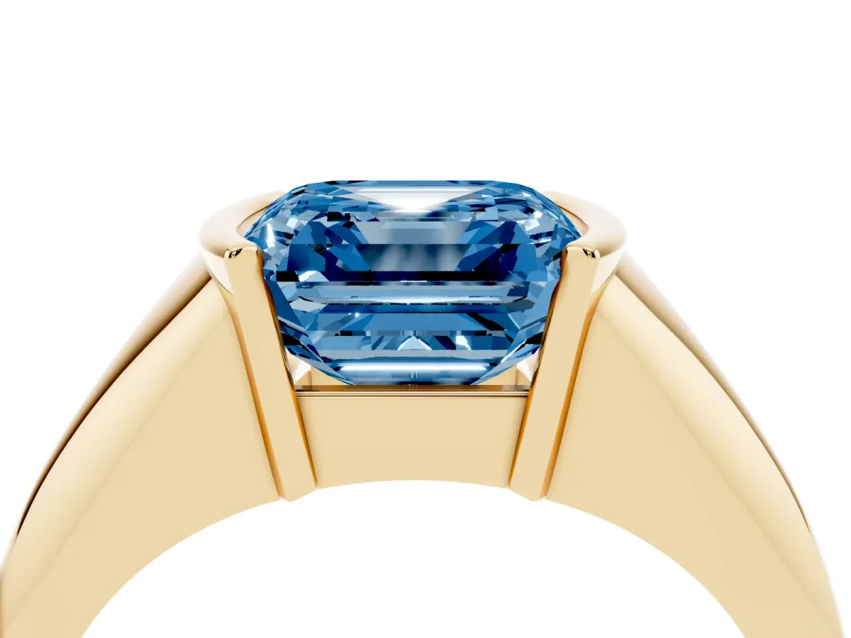 Fancy Blue Asscher Cut Solitaire Tension Set Diamond Ring Yellow gold