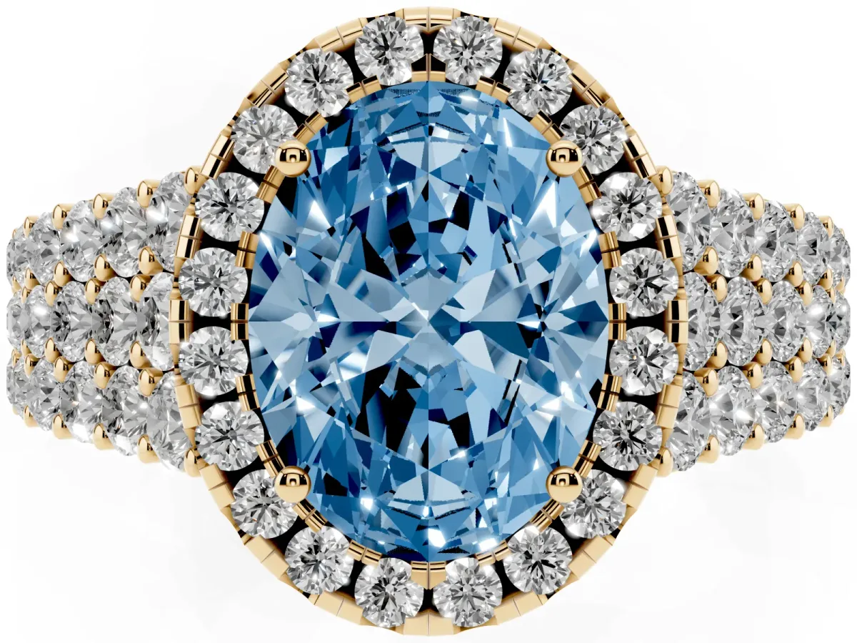 Fancy Blue Oval Cut Diamond Halo Engagement Ring with Triple Row Round Pavé Band and Prong Setting Yellow gold