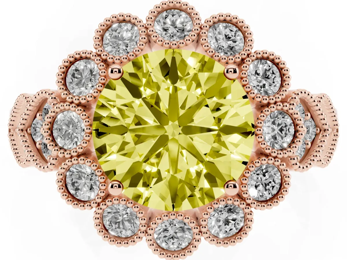 Fancy Yellow Round Cut Brilliant Milgrain Pave Heart Band Solitaire Ring Rose gold