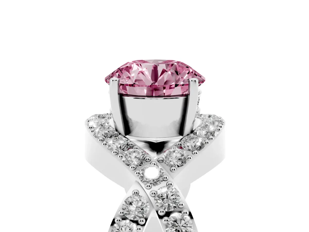 Fancy Pink Round Cut Solitaire Twist Band Pavé Diamond Engagement Ring Silver