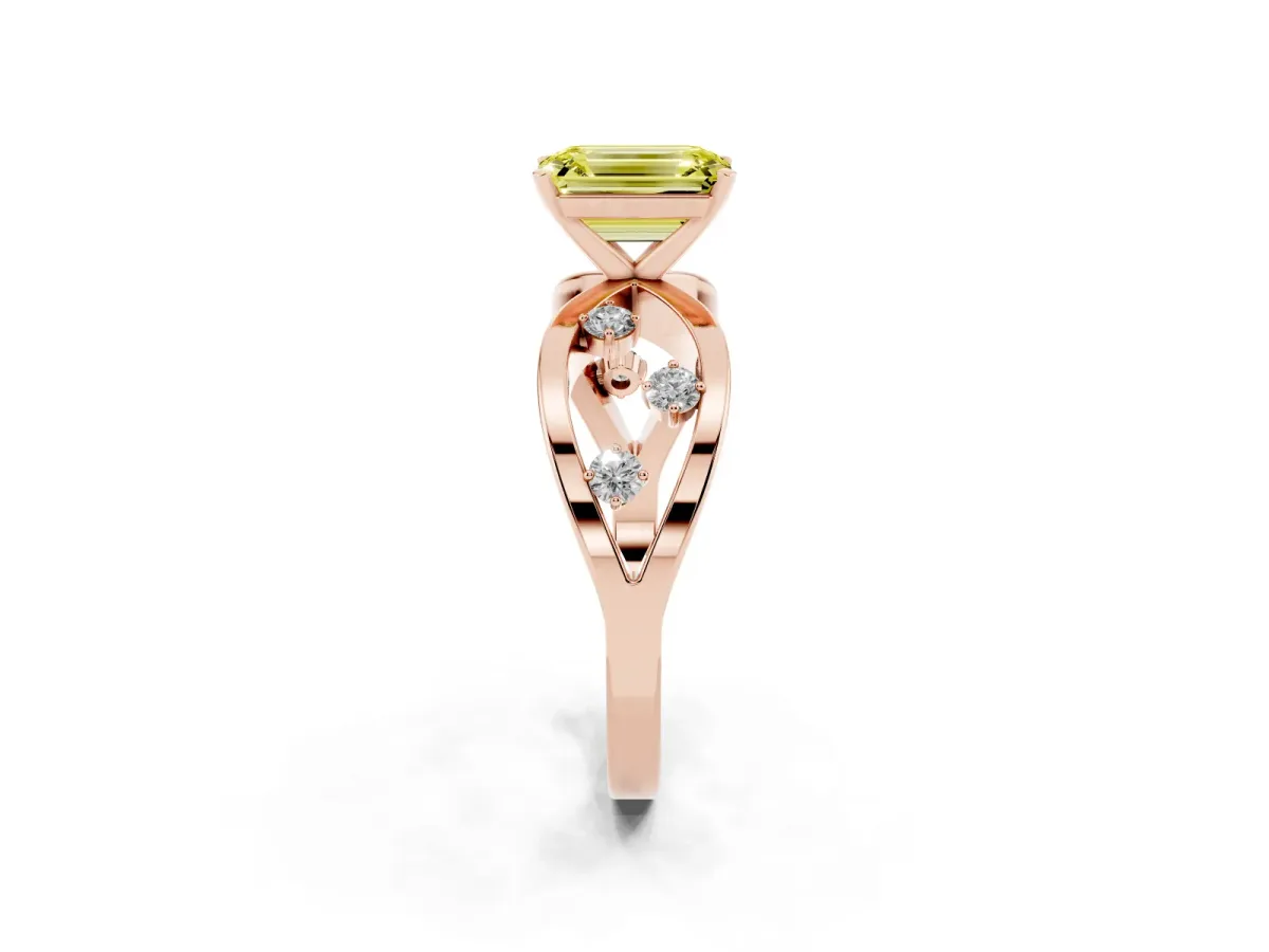 Fancy Yellow Emerald Cut Cut Solitaire Diamond with Side Stones on Criss-Cross Band and Four-Prong Setting Rose gold