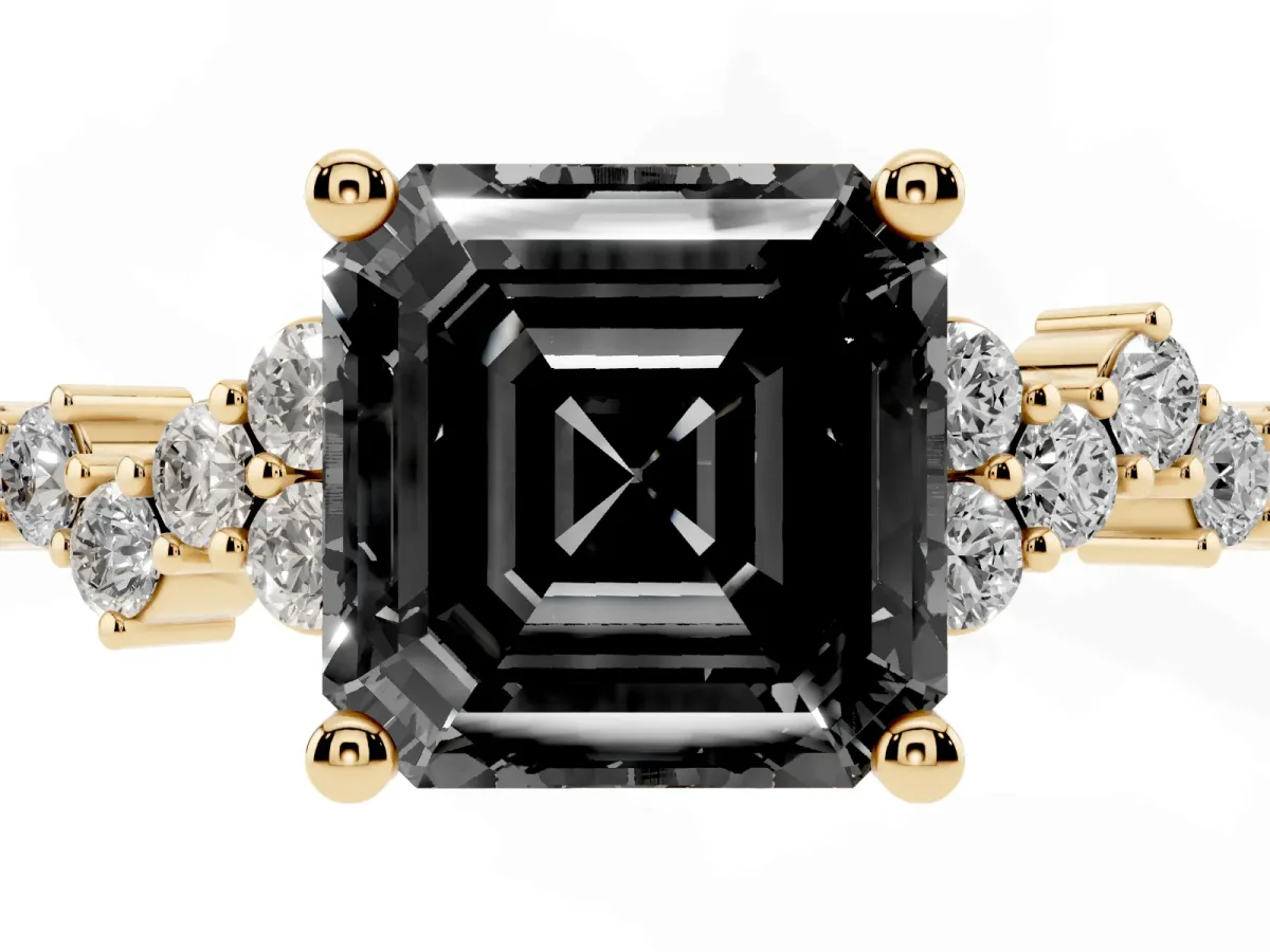 Fancy Black Asscher Cut Diamond Scattered Round Accent Ring with Prong Setting Yellow gold