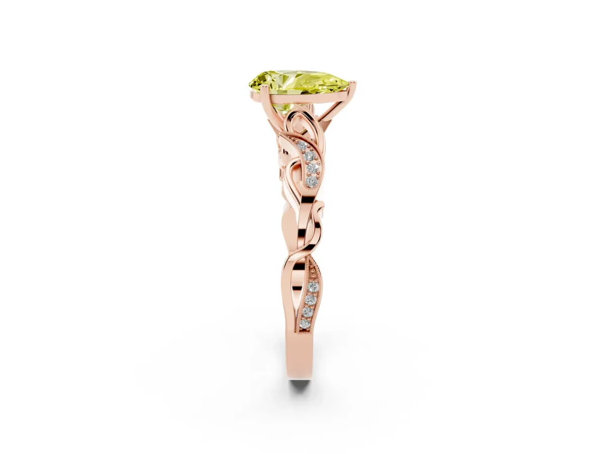 Fancy Yellow Pear Cut Solitaire Vine Band with Milgrain Prong Setting Rose gold