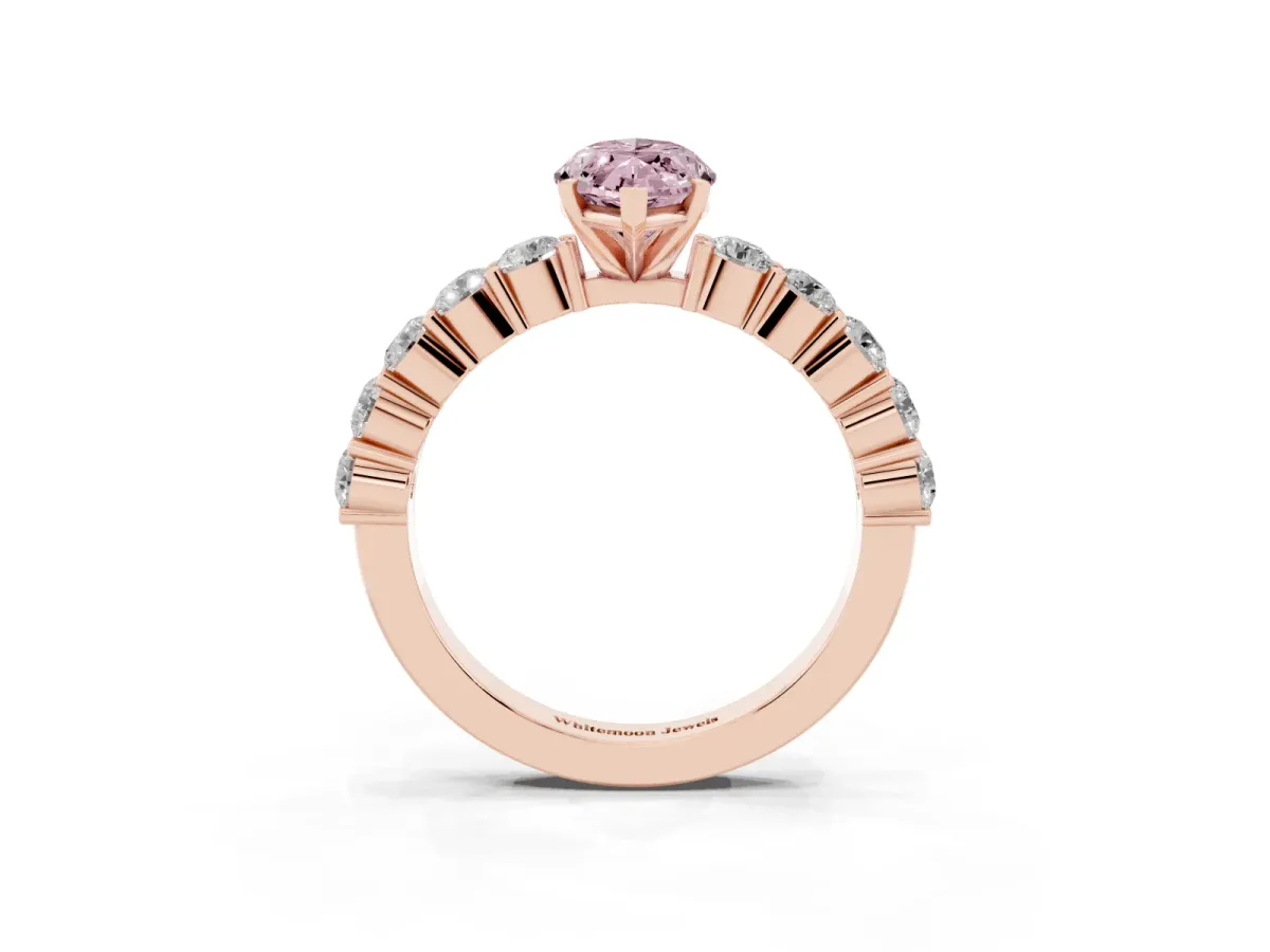 Fancy Pink Marquise Cut Diamond Solitaire Ring with Shared Prong Round Side Stones Rose gold