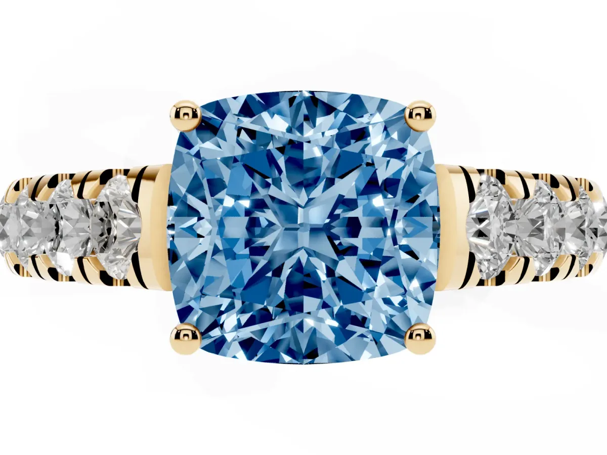 Fancy Blue Cushion Cut Cut Diamond Solitaire Ring with Micro Pave Band and Prong Setting Yellow gold