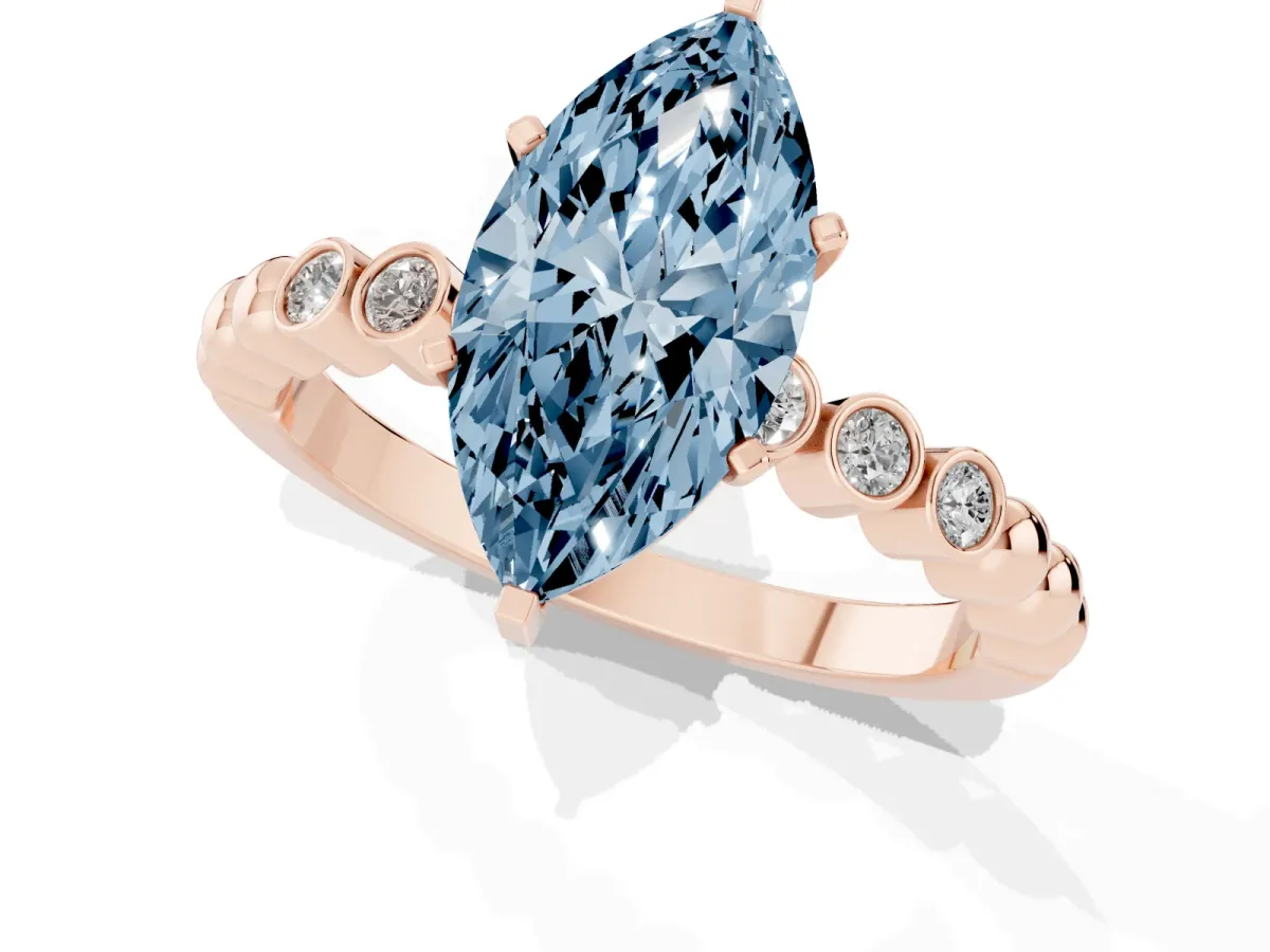 Fancy Blue Marquise Cut Solitaire Bezel Accent Diamond Engagement Ring with Beaded Band and Four-Prong Setting Rose gold