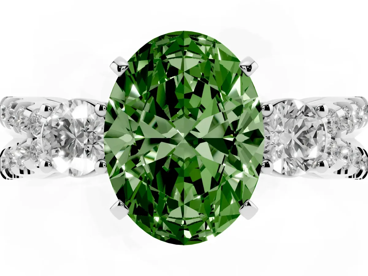 Fancy Green Oval Cut Diamond Three-Stone Ring with Pavé Split Shank and Four-Prong Setting Silver