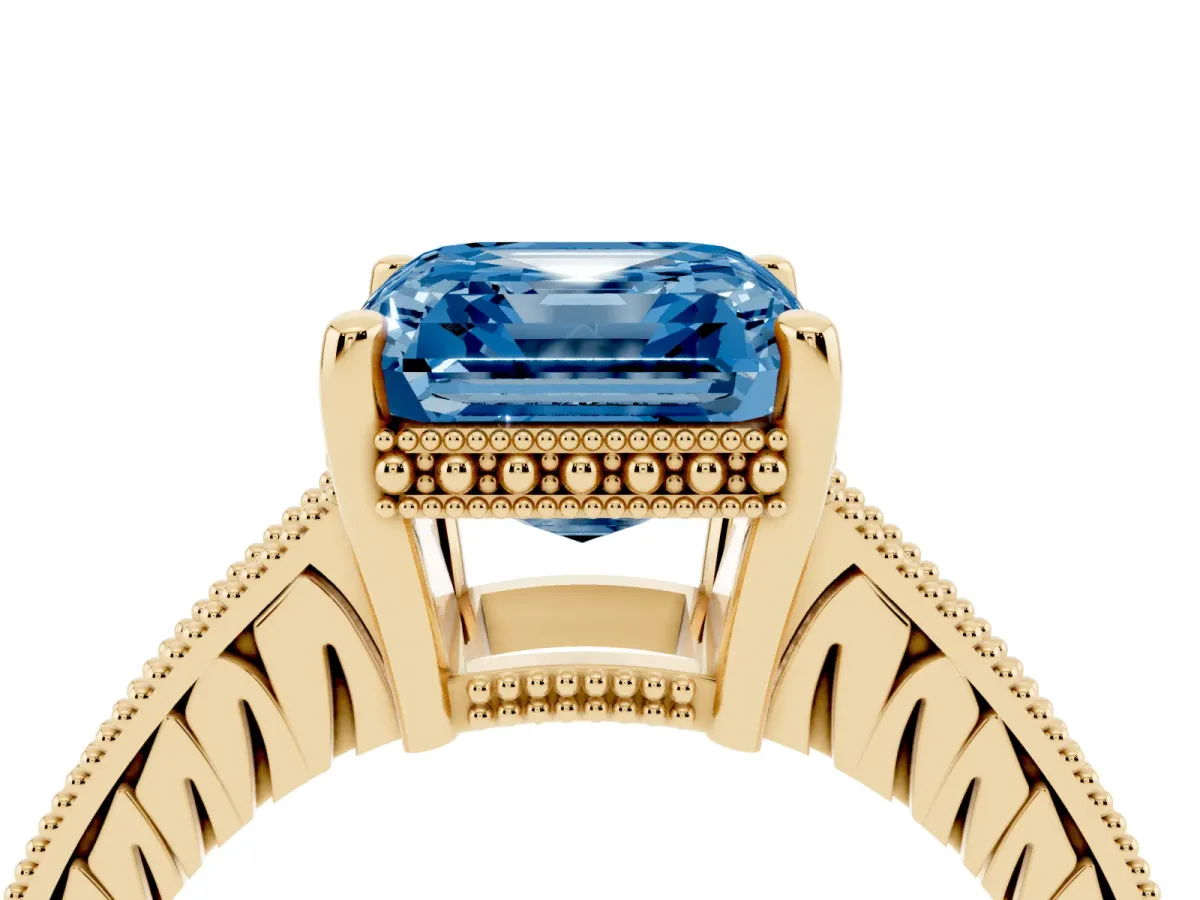 Fancy Blue Asscher Cut Solitaire Pavé Diamond Milgrain Engagement Ring with Four-Prong Setting Yellow gold