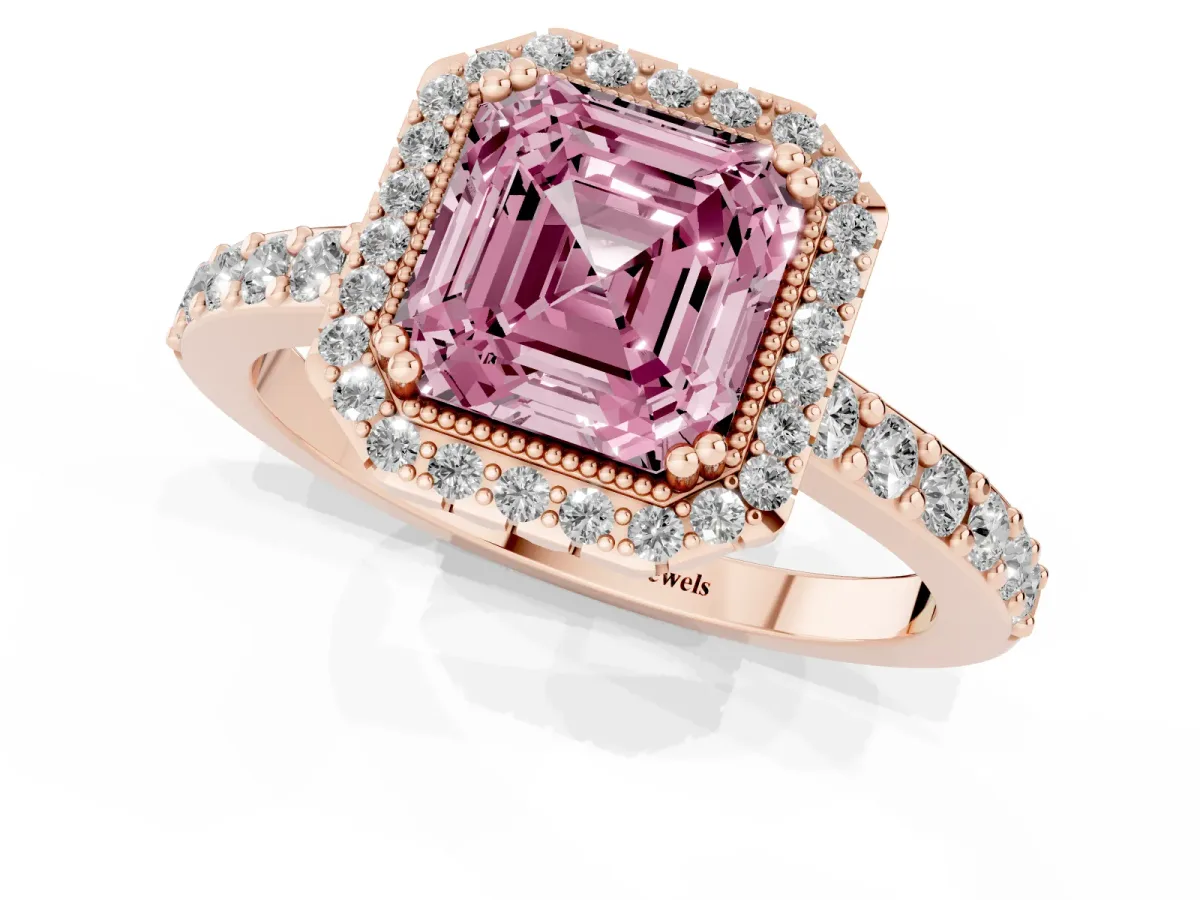 Fancy Pink Asscher Cut Cut Diamond Halo Engagement Ring with Milgrain Detail and Pavé Band Rose gold