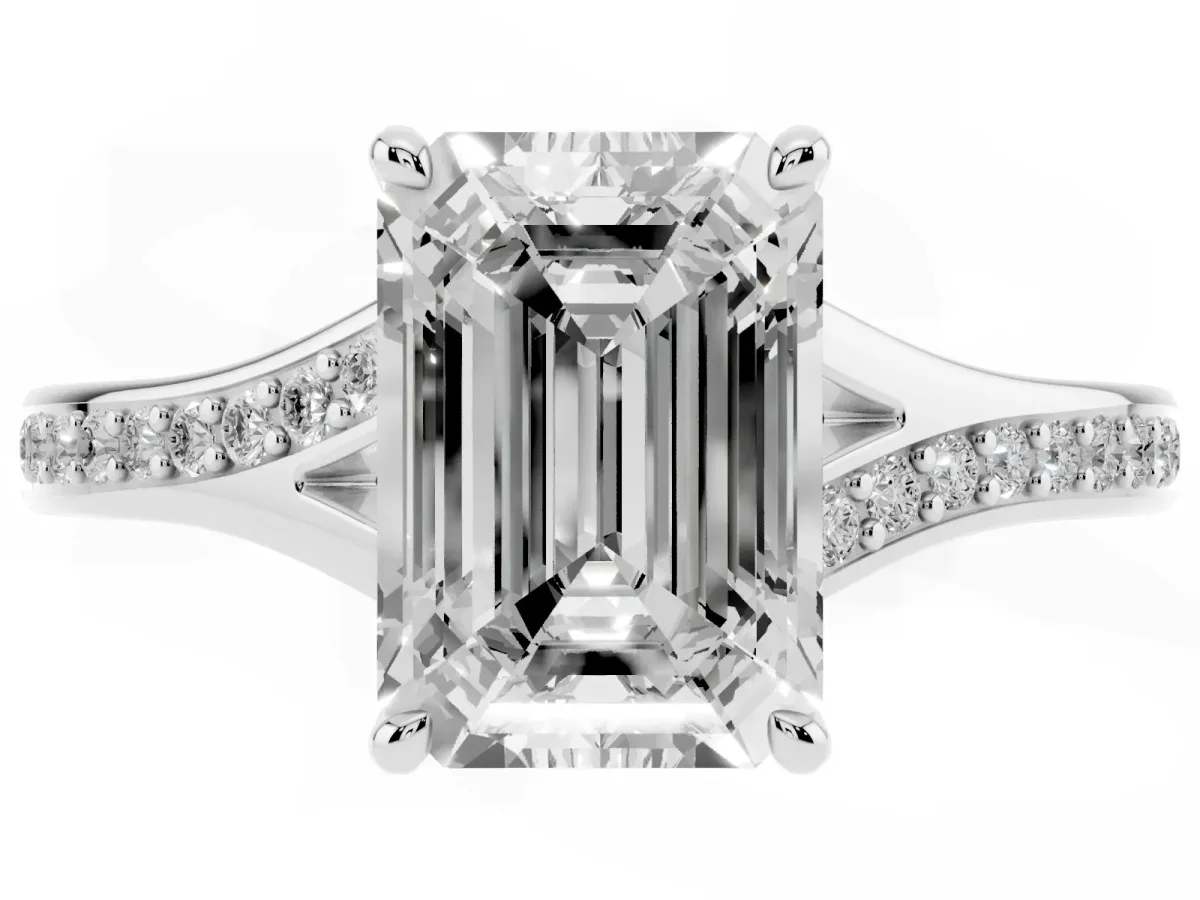 Emerald Cut Diamond Solitaire Ring with Pavé Band and Prong Setting Silver