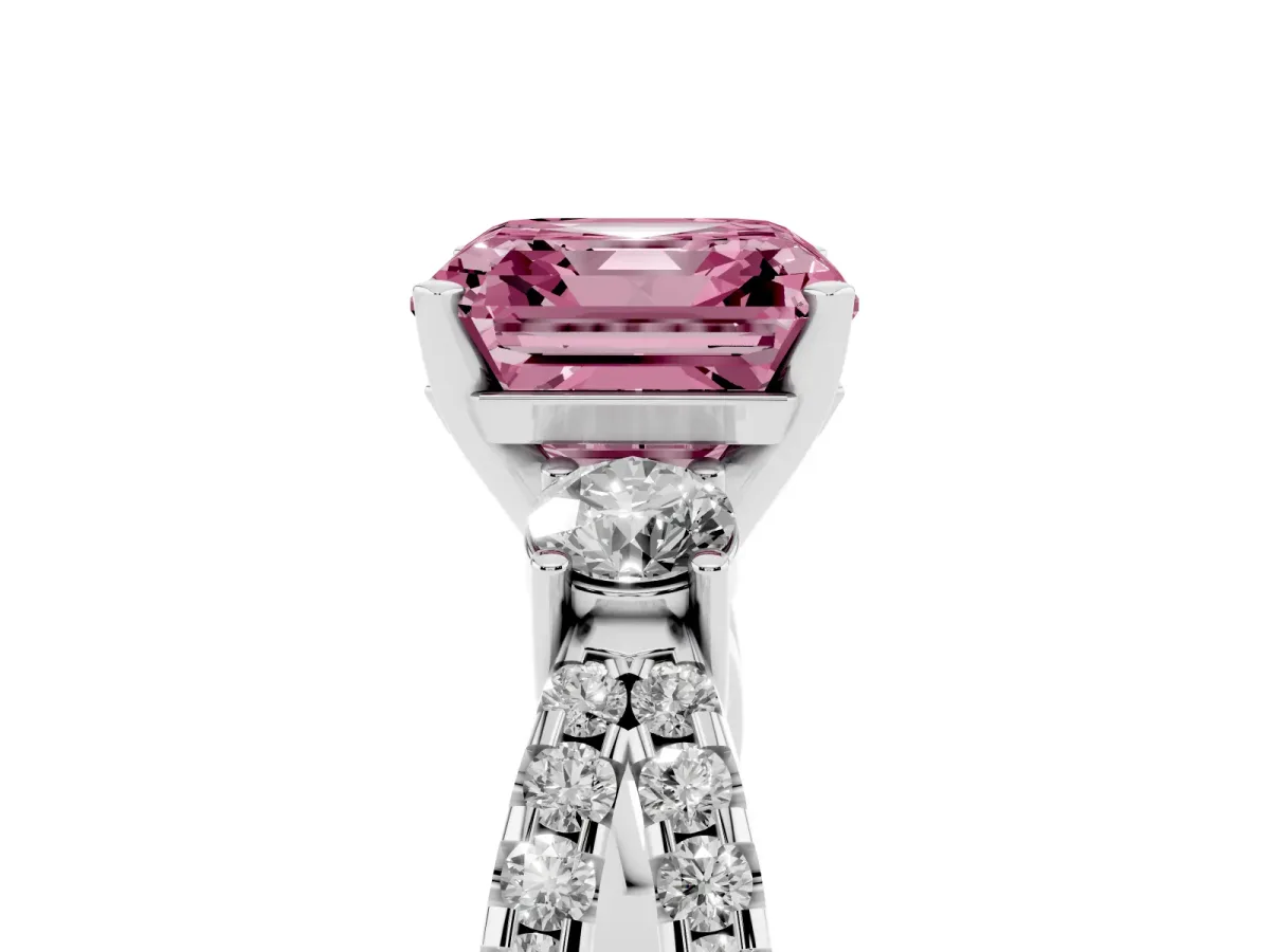 Fancy Pink Asscher Cut Diamond Three-Stone Ring with Pavé Split Shank and Four-Prong Setting Platinum