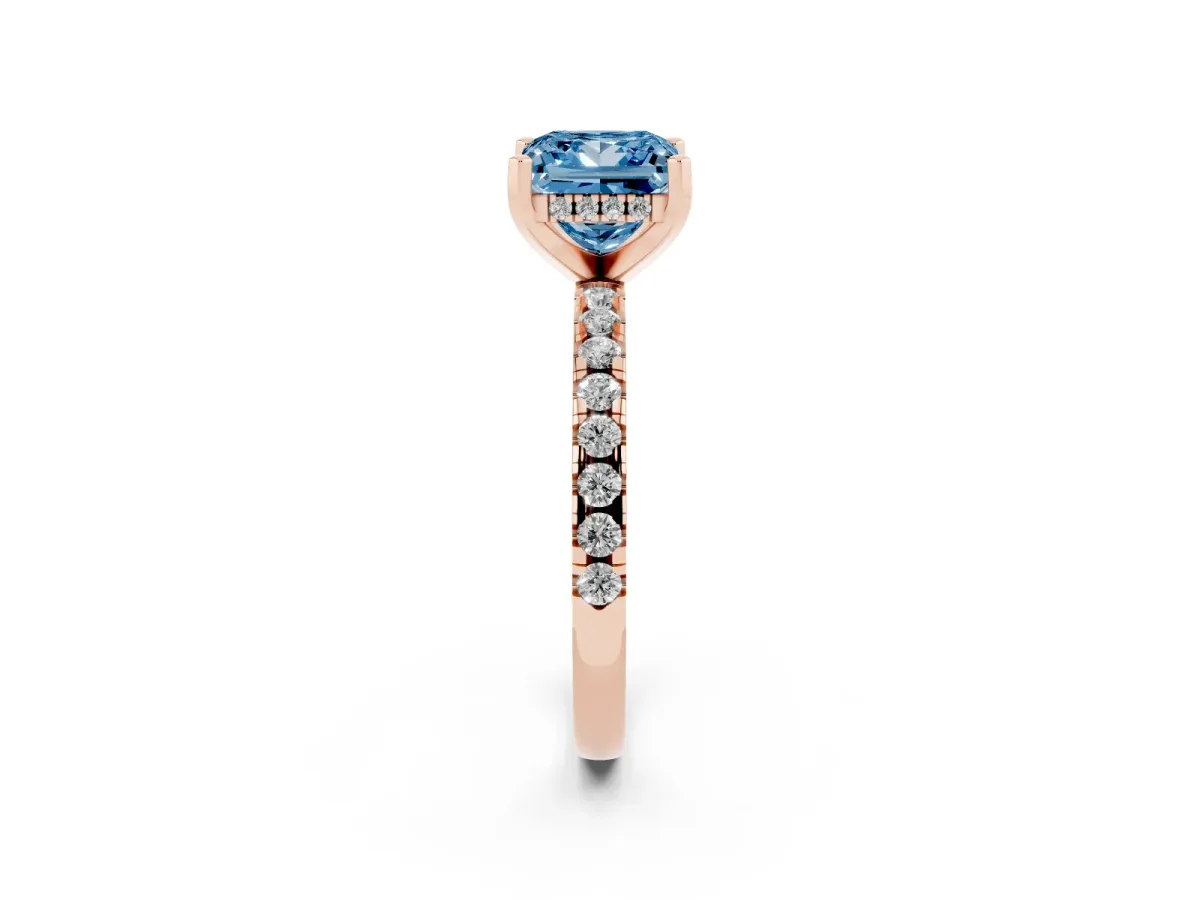 Fancy Blue Princess Cut Diamond Solitaire Ring with Round Pavé Band and Four-Prong Setting Rose gold