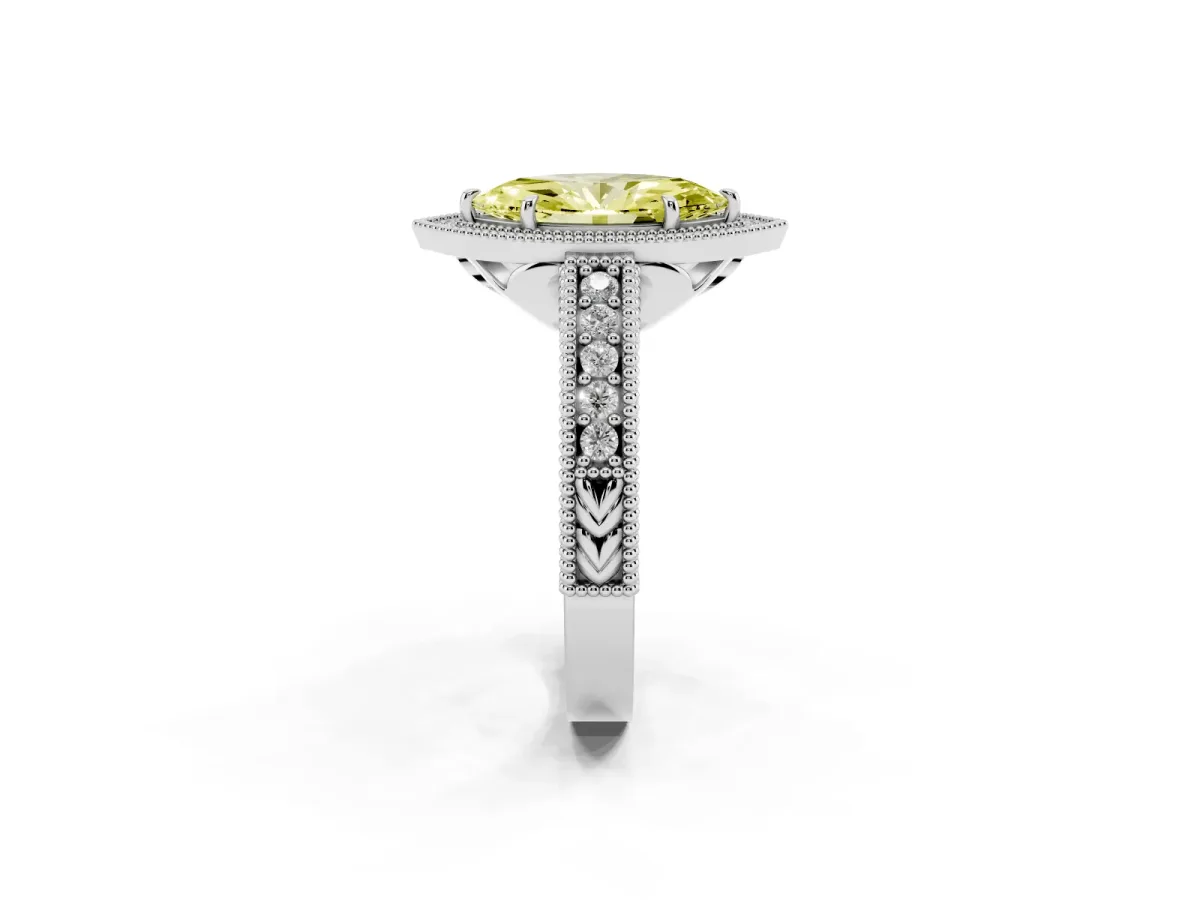 Fancy Yellow Marquise Cut Cut Halo Diamond Ring with Pavé Band and Four-Prong Setting White gold
