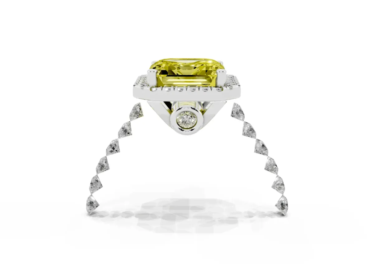Fancy Yellow Asscher Cut Halo Pavé Diamond Engagement Ring with Four-Prong Setting Platinum