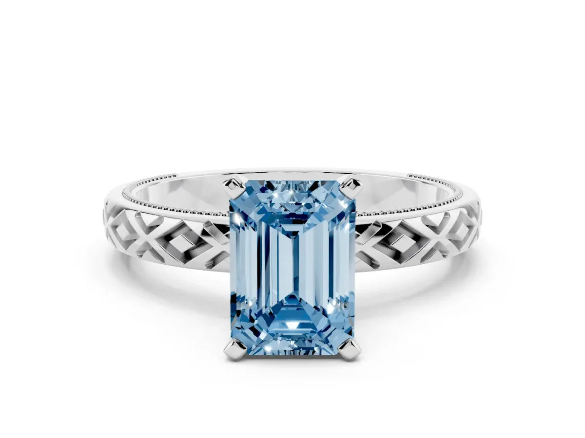 Fancy Blue Emerald Cut Solitaire Diamond Ring with Milgrain and Black Enamel X Pattern Band Silver