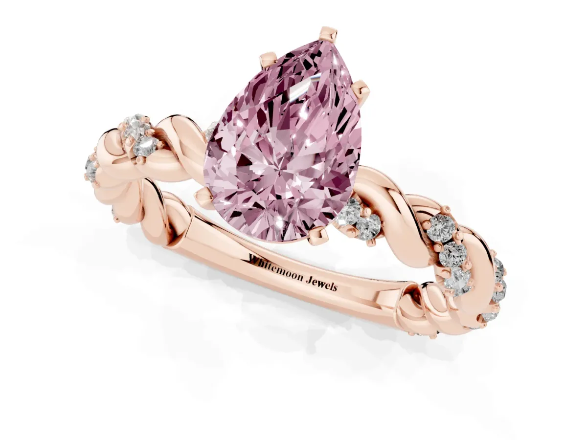 Fancy Pink Pear Cut Diamond Solitaire Ring with Twisted Band and Pavé Accents Rose gold
