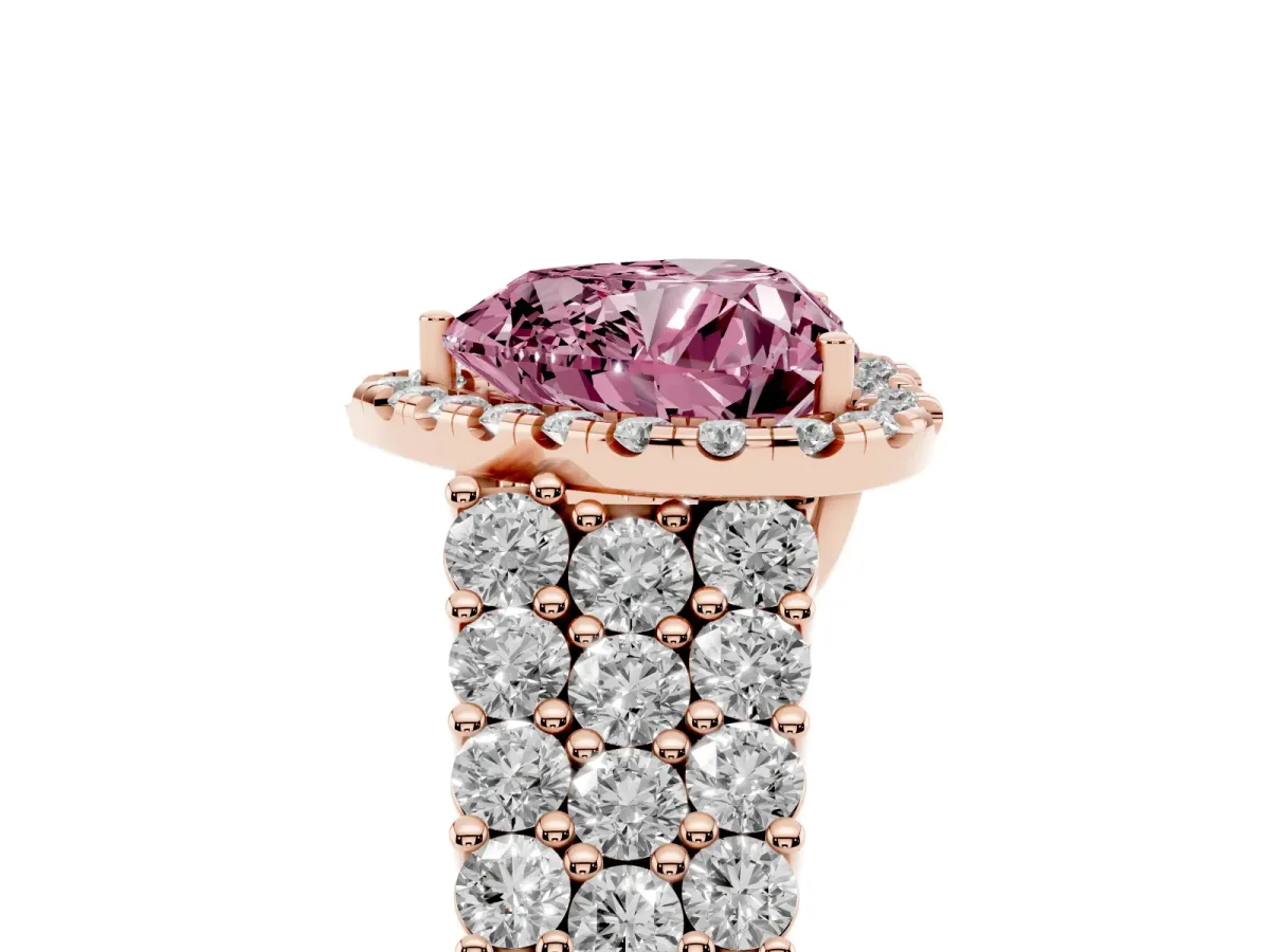 Fancy Pink Heart Cut Diamond Halo Engagement Ring with Triple Row Round Pavé Band and Prong Setting Rose gold
