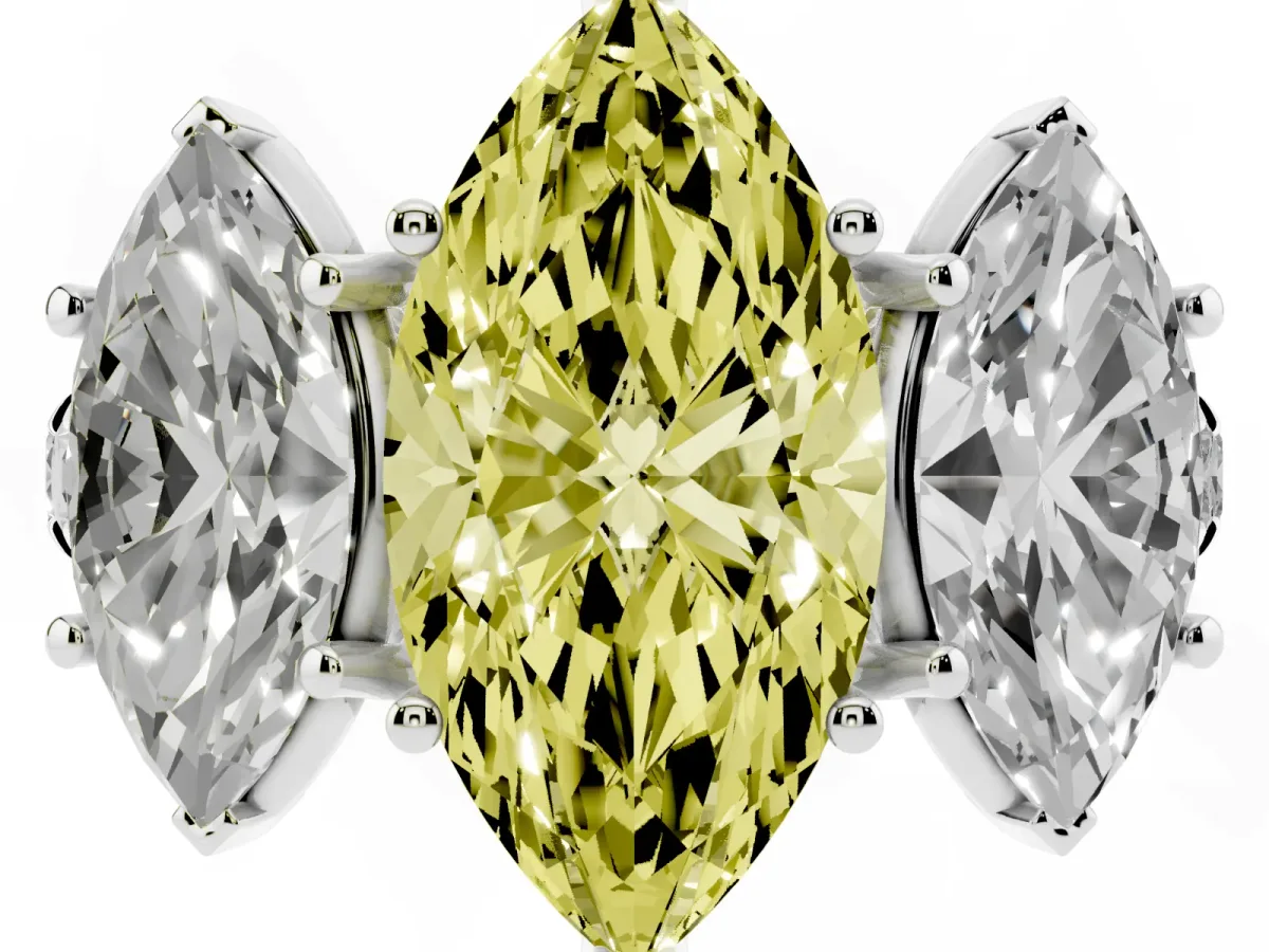 Fancy Yellow Three-Stone Marquise Cut Diamond Pavé Band with Prong Setting Silver