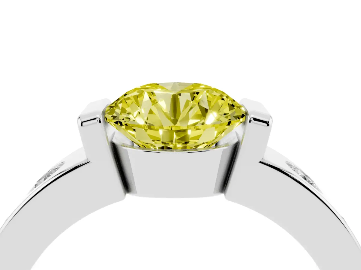 Fancy Yellow Round Cut Brilliant Channel-Set Diamond Ring with Bezel Prong Setting Platinum