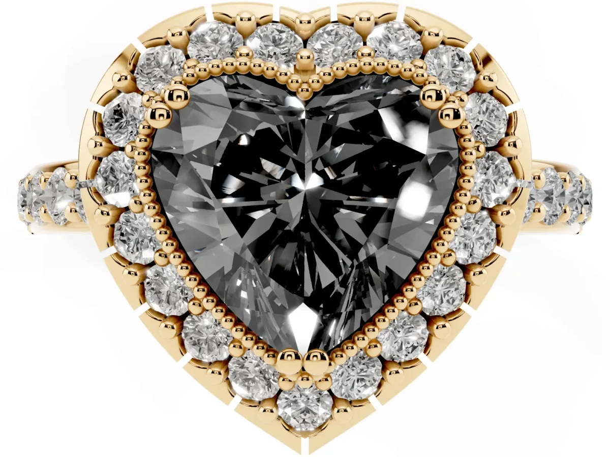 Fancy Black Heart Cut Diamond Halo Ring with Pavé Band and Prong Setting Yellow gold