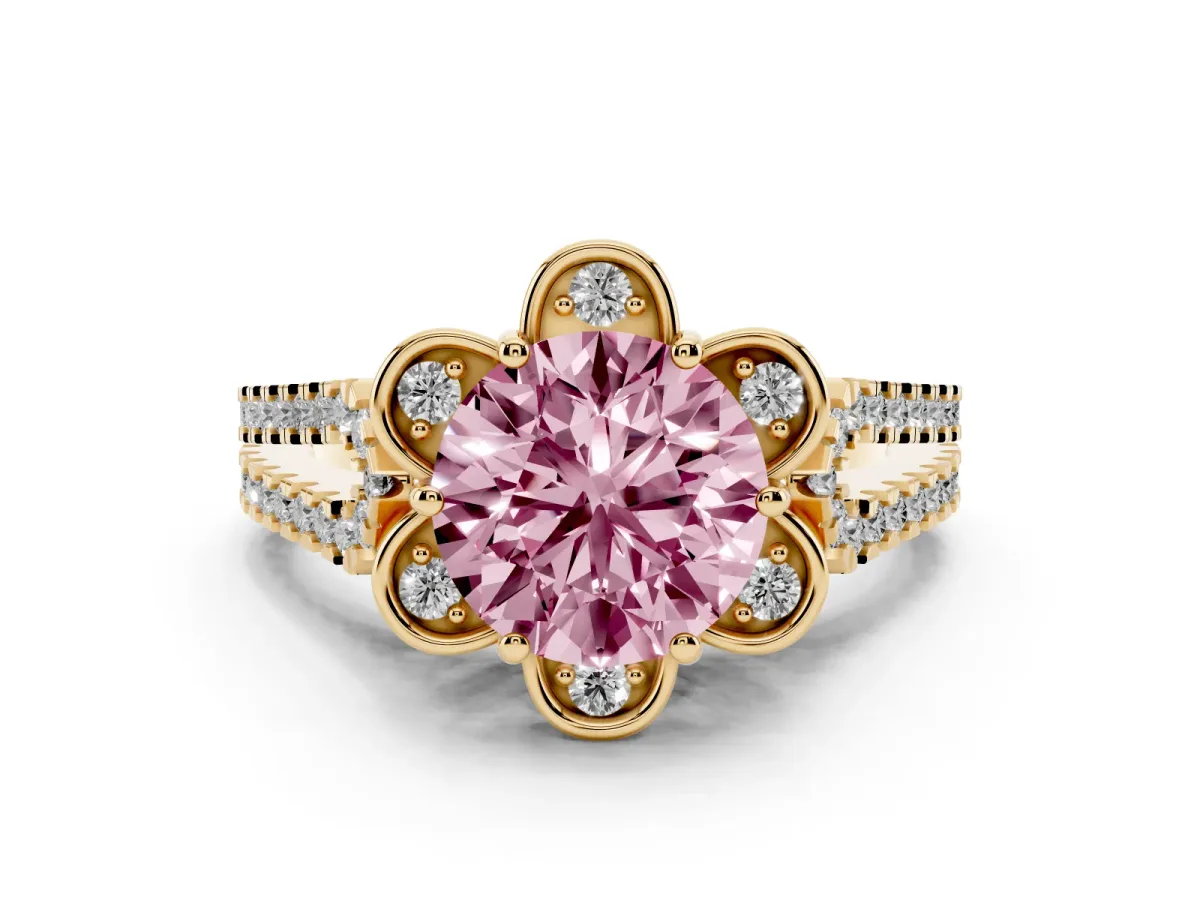 Fancy Pink Round Cut Halo Diamond Floral Split Shank Engagement Ring Yellow gold