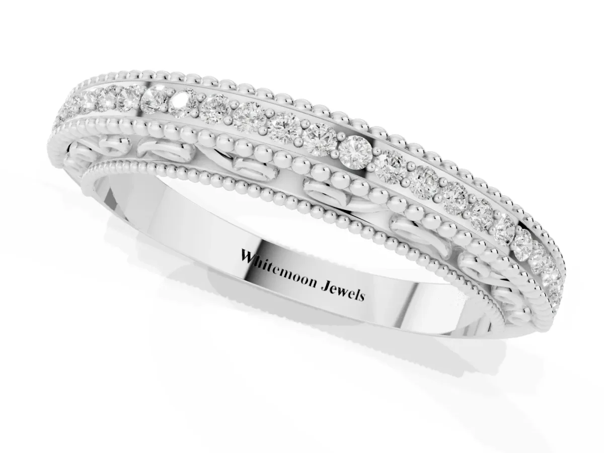 Round Diamond Pavé Milgrain White Gold Eternity Band Silver