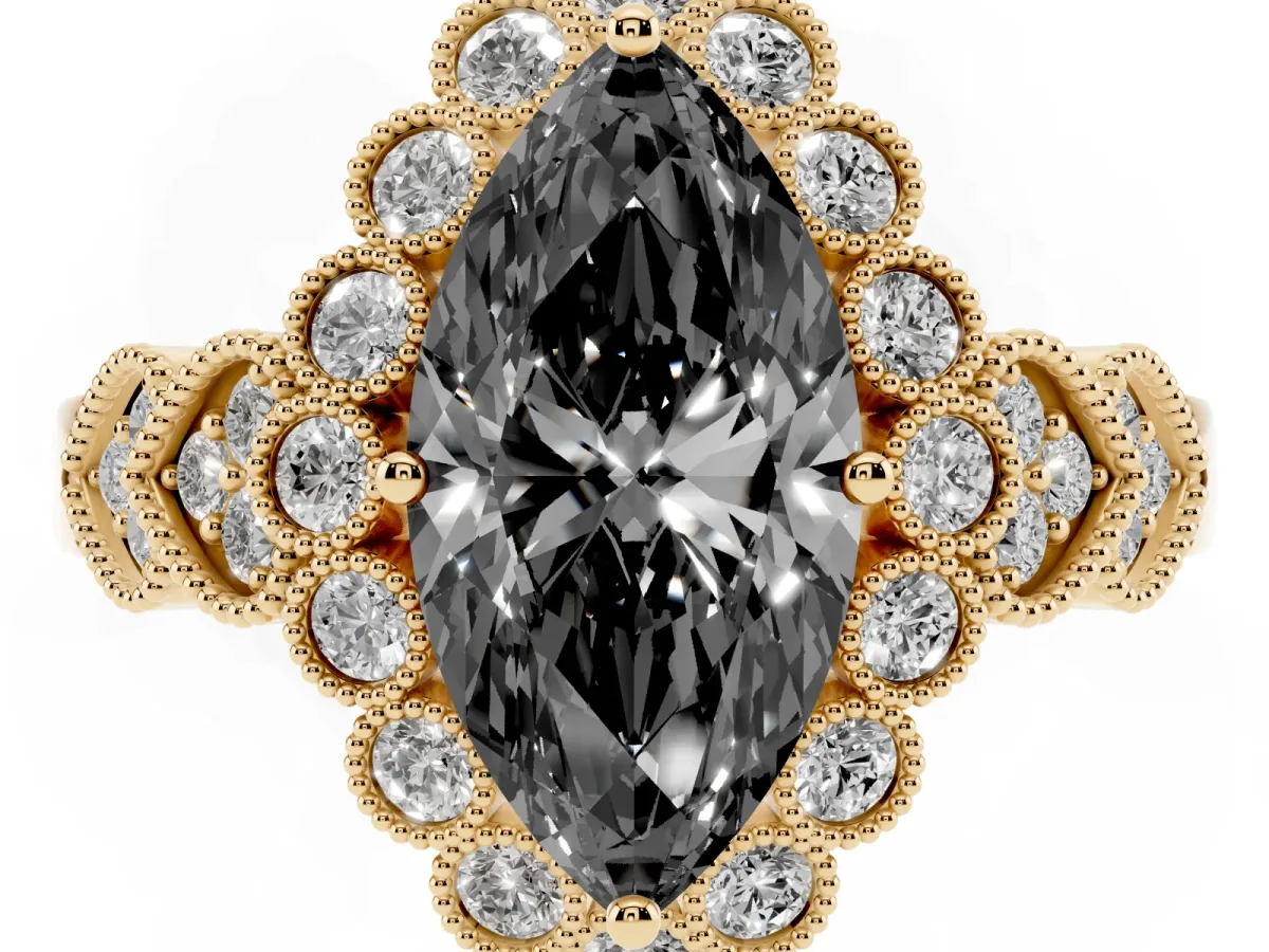 Fancy Black Marquise Cut Brilliant Milgrain Pave Heart Band Solitaire Ring Yellow gold