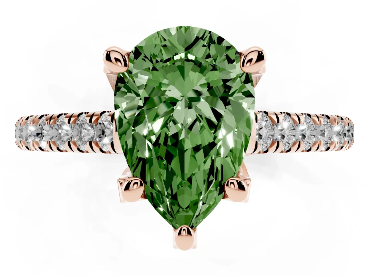 Fancy Green Pear Cut Brilliant Diamond Solitaire with Pavé Band and Four-Prong Setting Rose gold